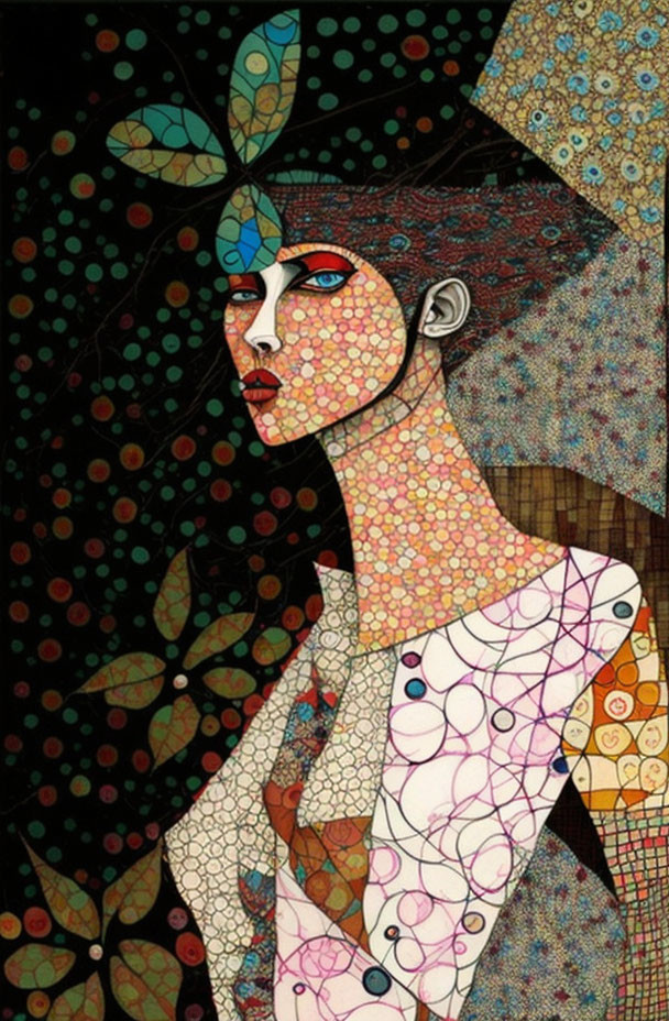 Colorful Abstract Art: Woman with Patterned Skin, Leaves, and Geometric Shapes