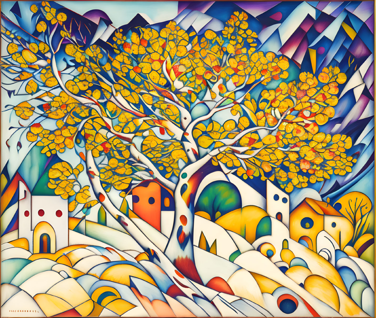 Colorful Tree Painting with Geometric Hills and Houses