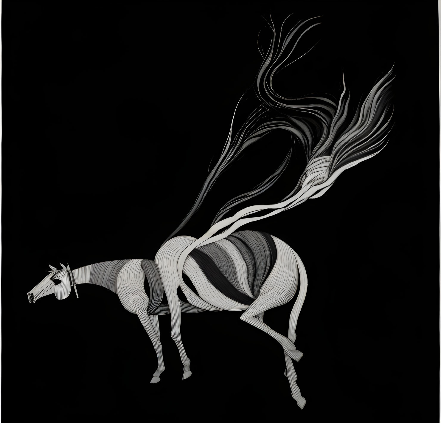 Monochromatic horse illustration with flowing ribbon-like lines