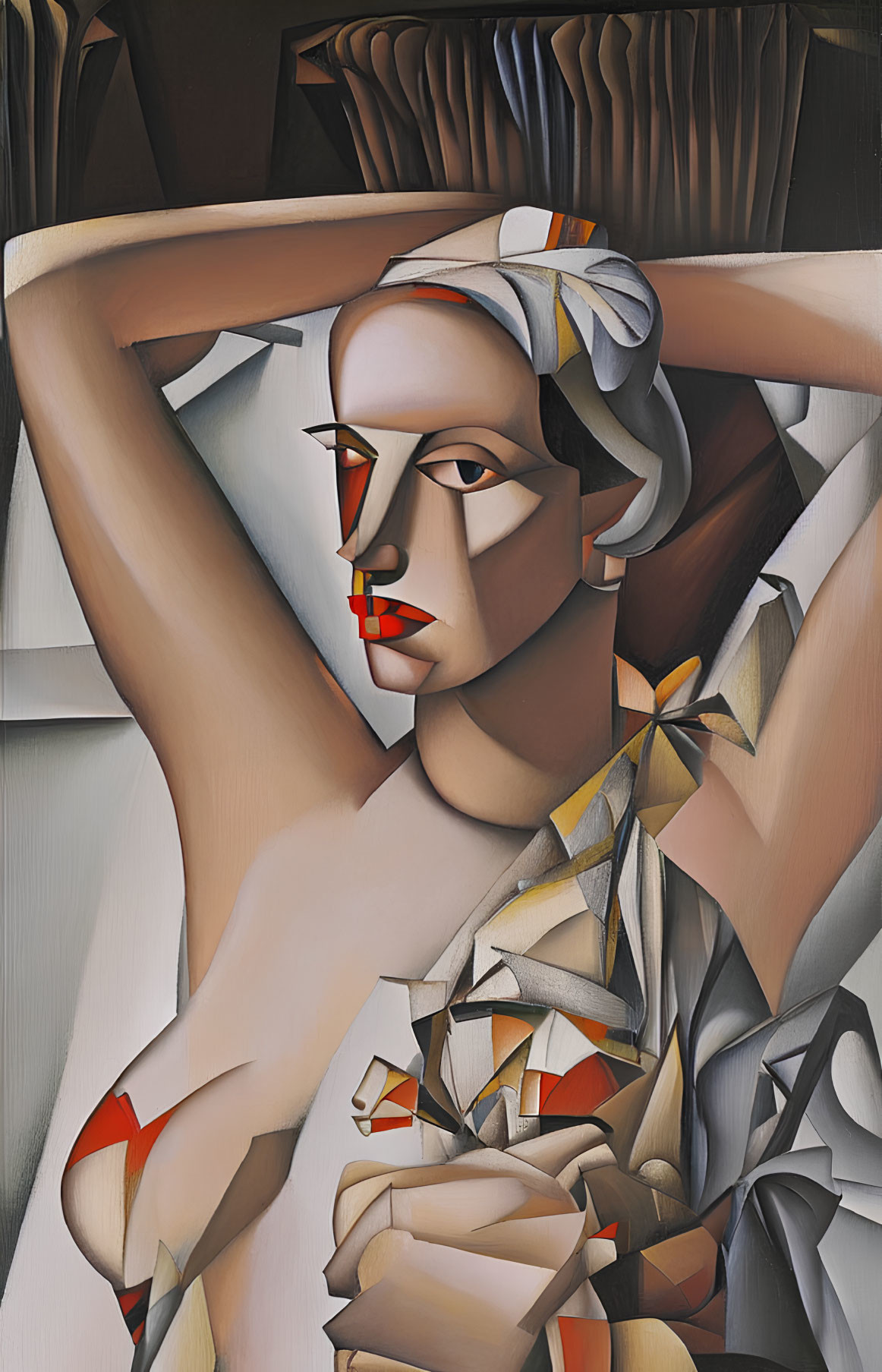 Abstract Cubist-style Woman Painting in Neutral Tones with Red Accents