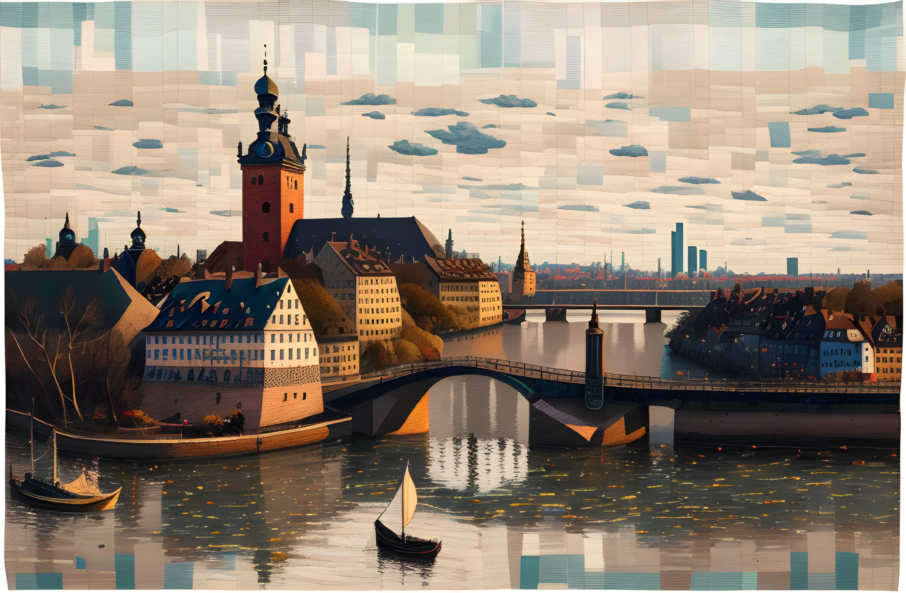 Scenic cityscape illustration with historic buildings, bridge, boats, and cloudy skyline.