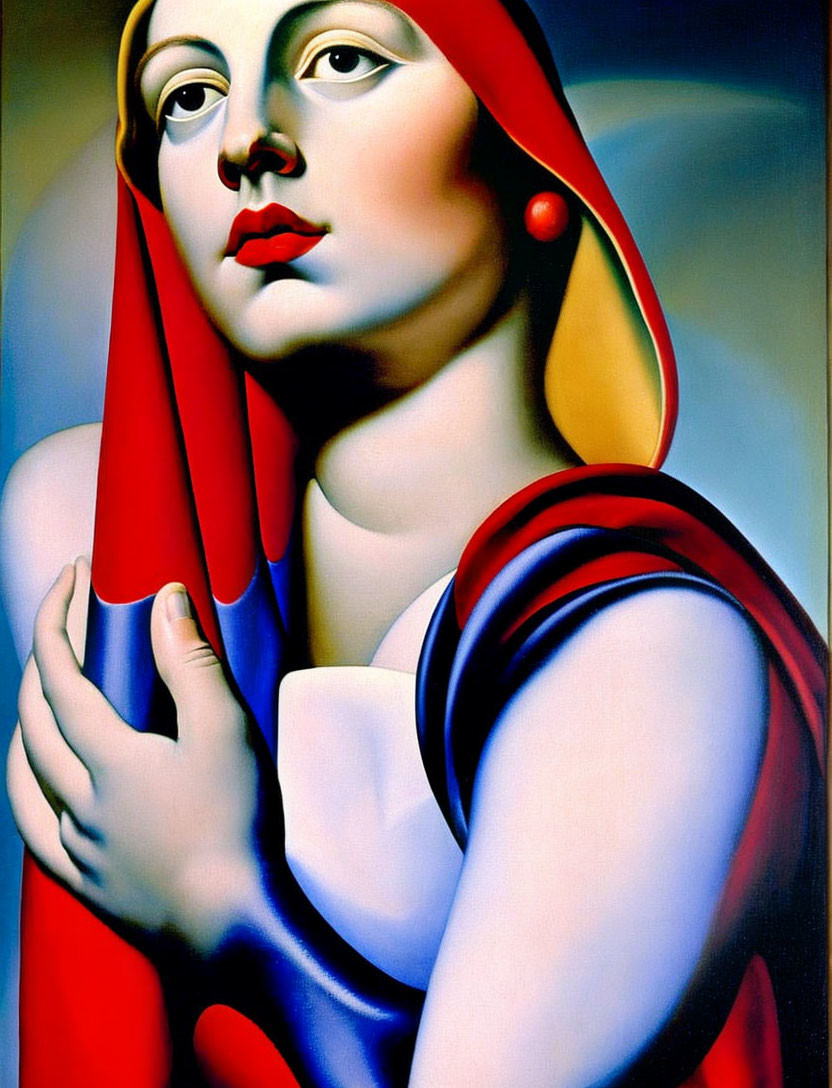 Vibrant portrait of a woman in red cloak and blue garment with solemn expression
