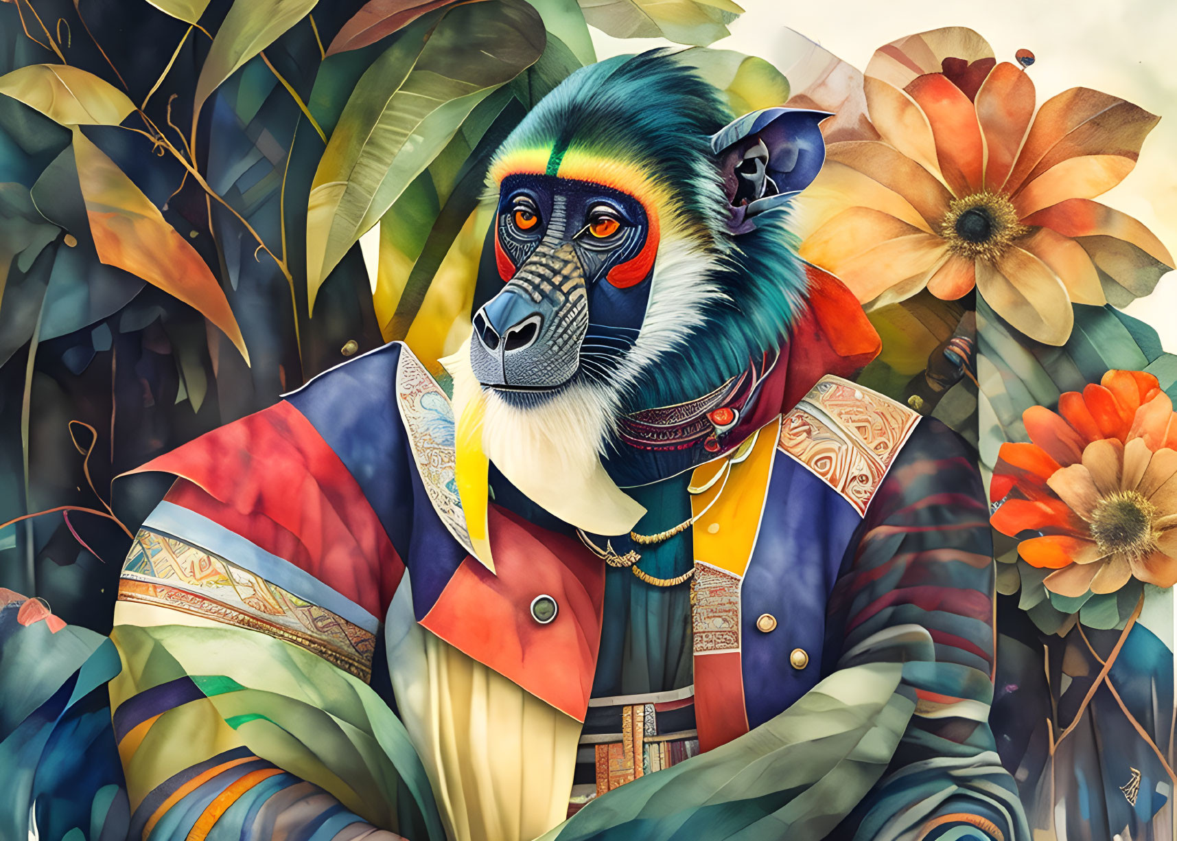 Vibrant baboon artwork in human attire amid lush foliage