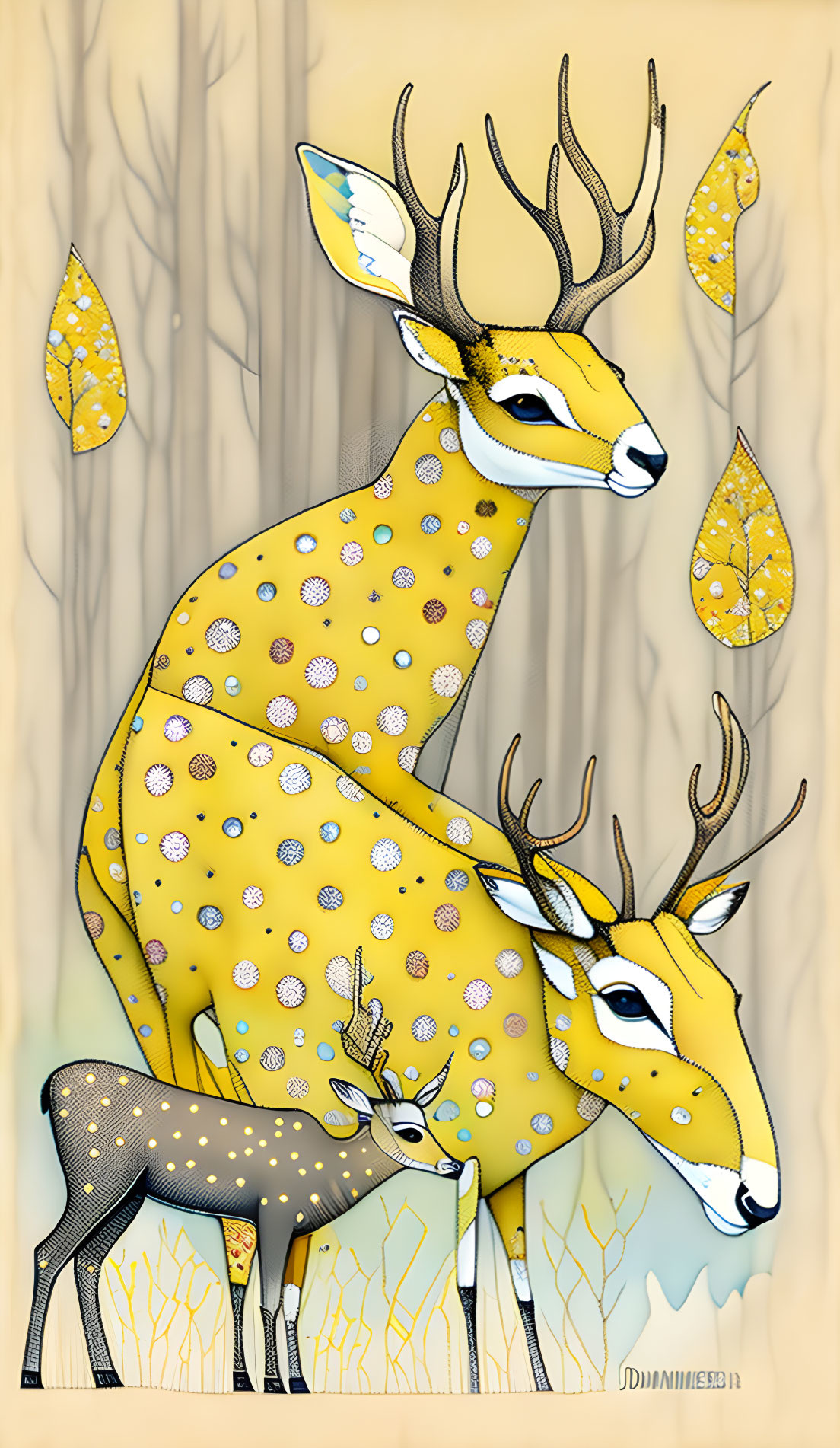 Stylized deer illustration in forest setting on yellow background