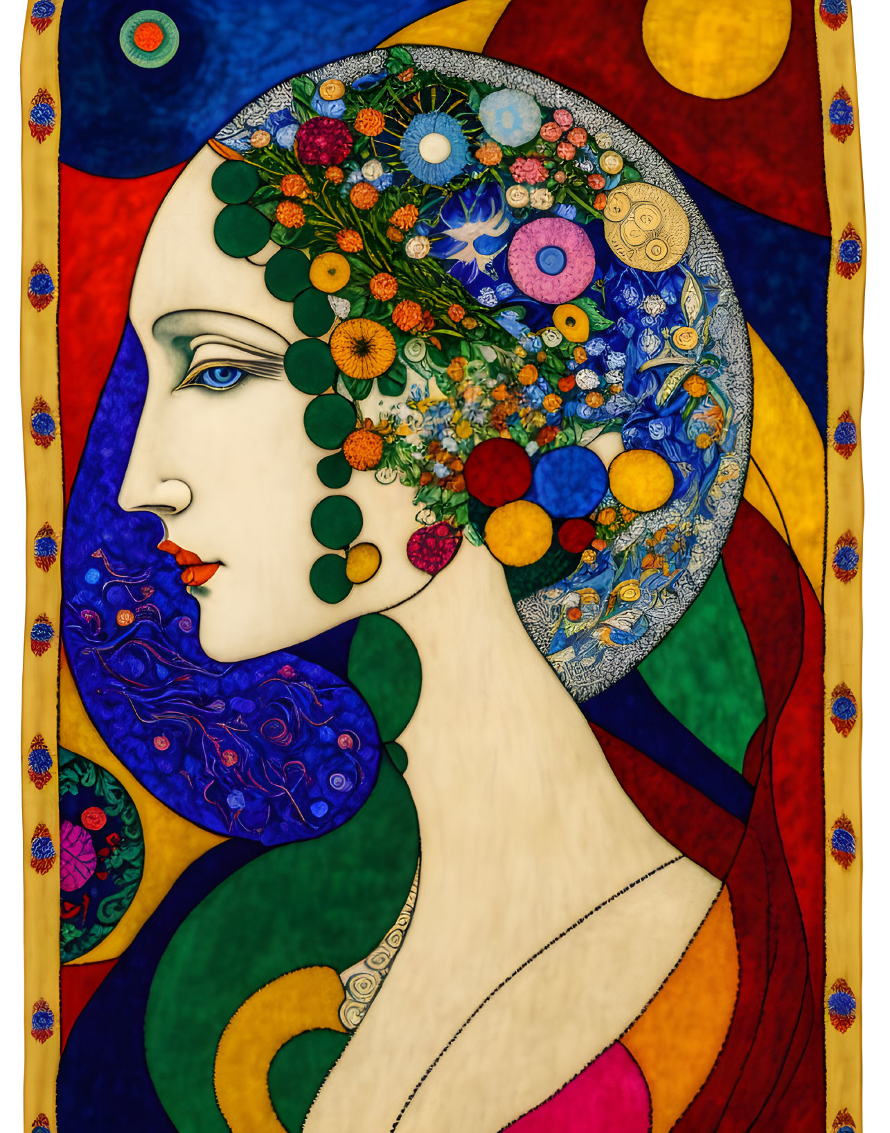 Colorful Art Nouveau Woman Illustration with Floral Hair and Stained-Glass Effect