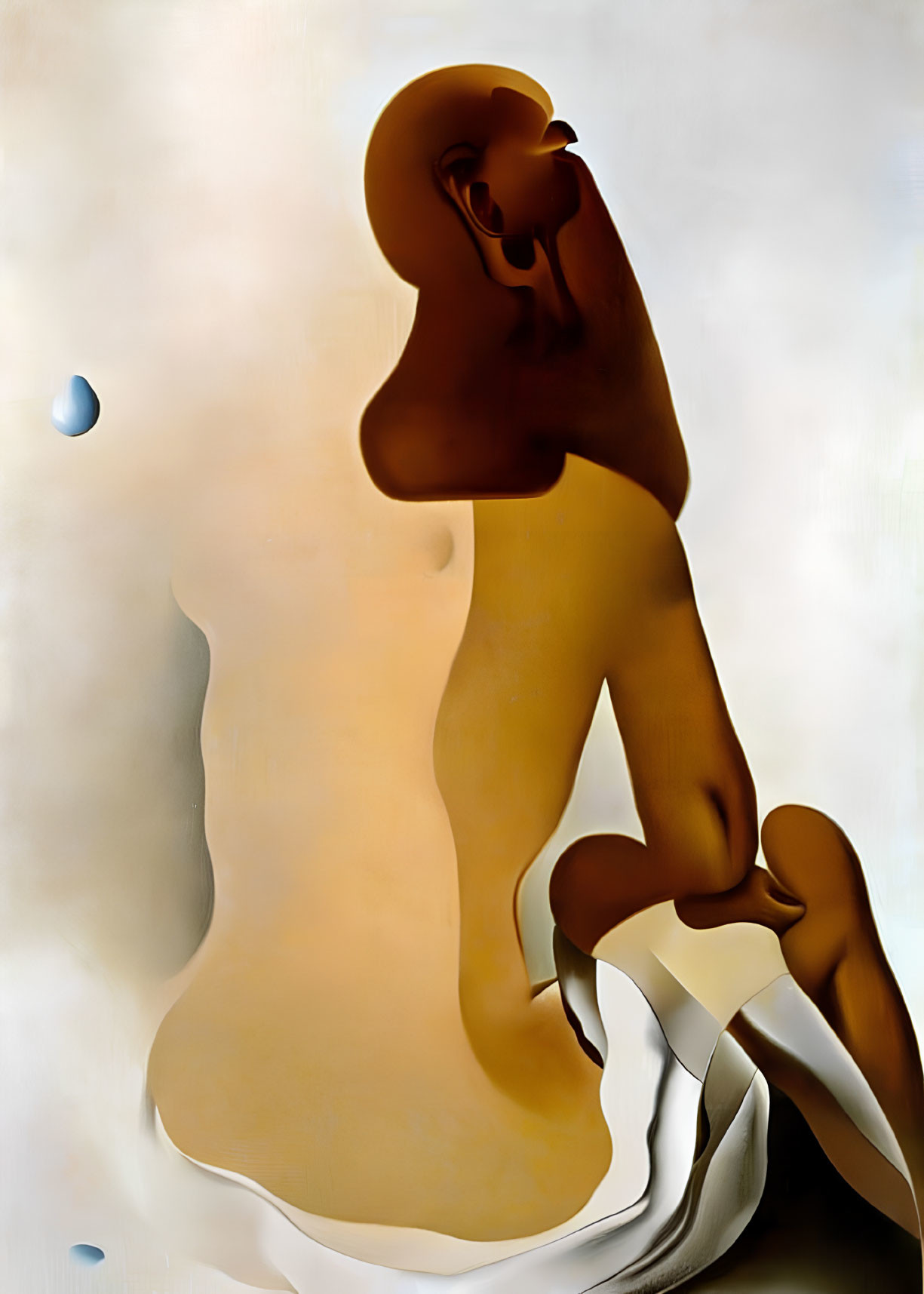 Distorted abstract seated figure in sepia-toned background with surreal shapes