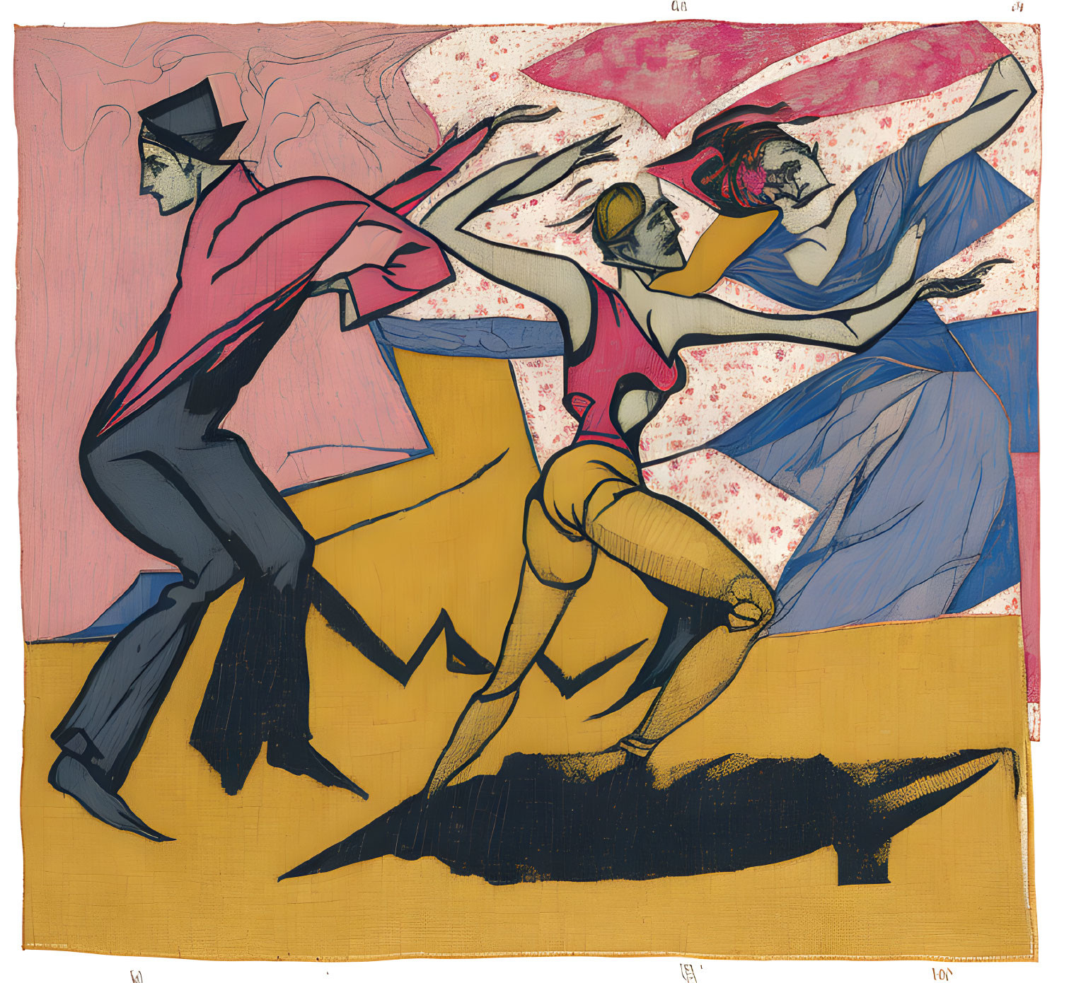 Colorful abstract artwork featuring three dancing figures in pink, yellow, and blue tones