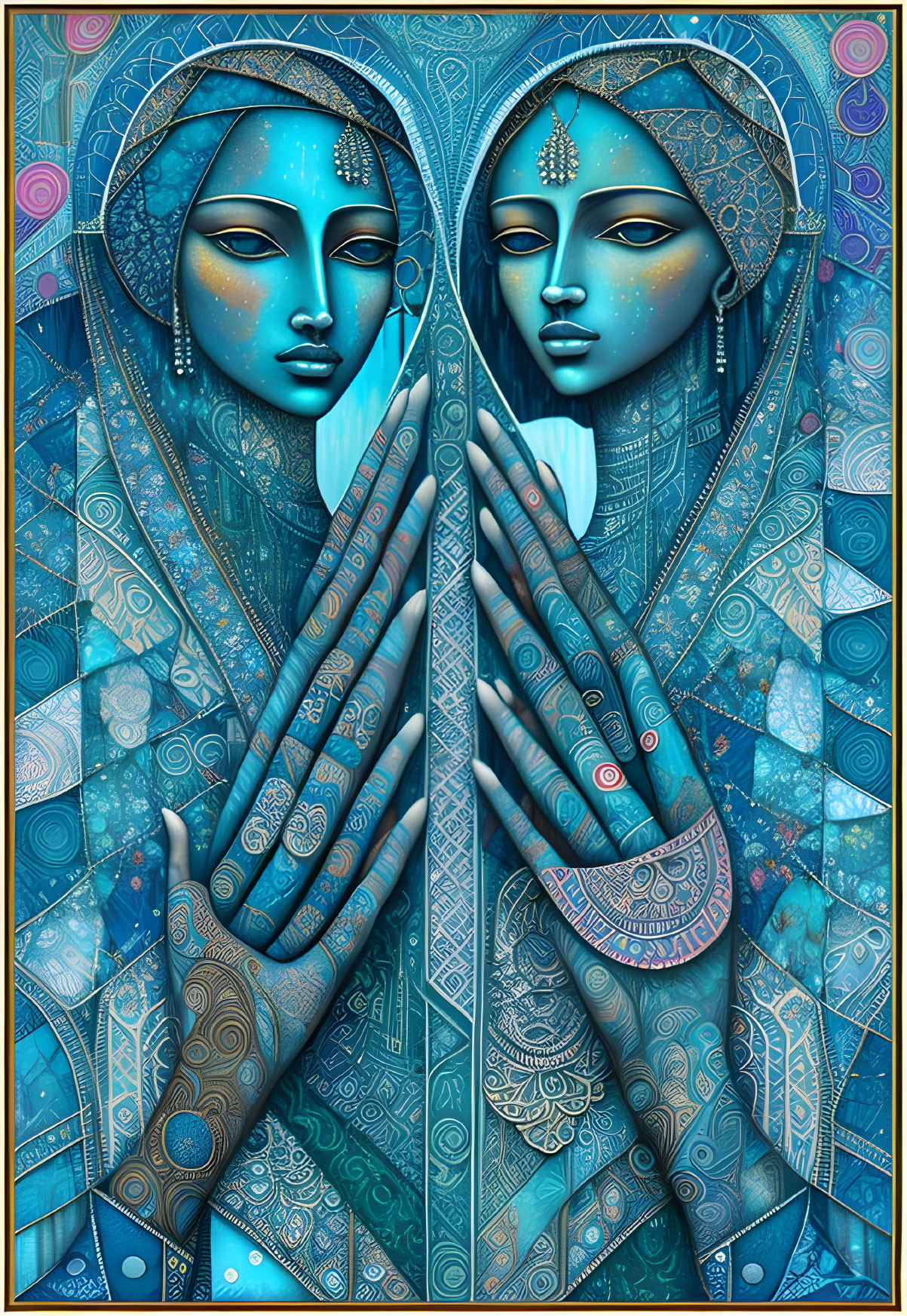 Symmetrical blue female figures with intricate patterns on colorful geometric background