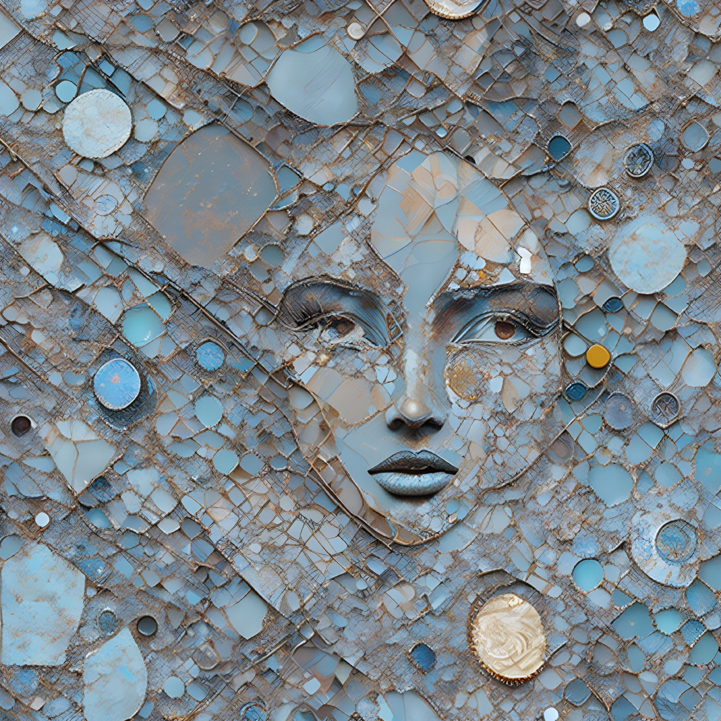 Abstract Collage: Woman's Face in Blue and Beige Circles