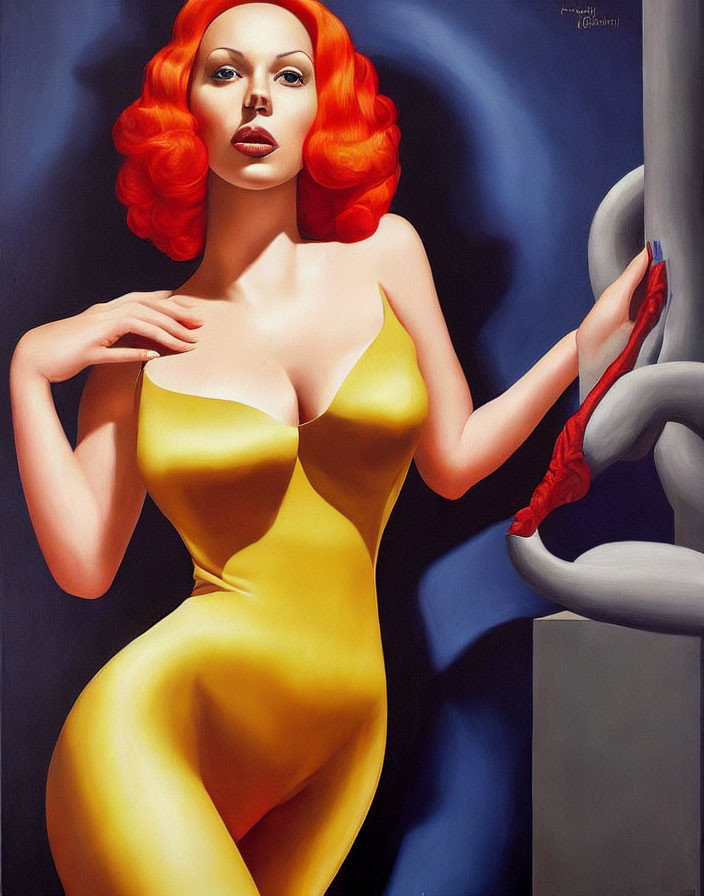 Stylized woman with red hair in yellow dress against grey backdrop with red snake-like object