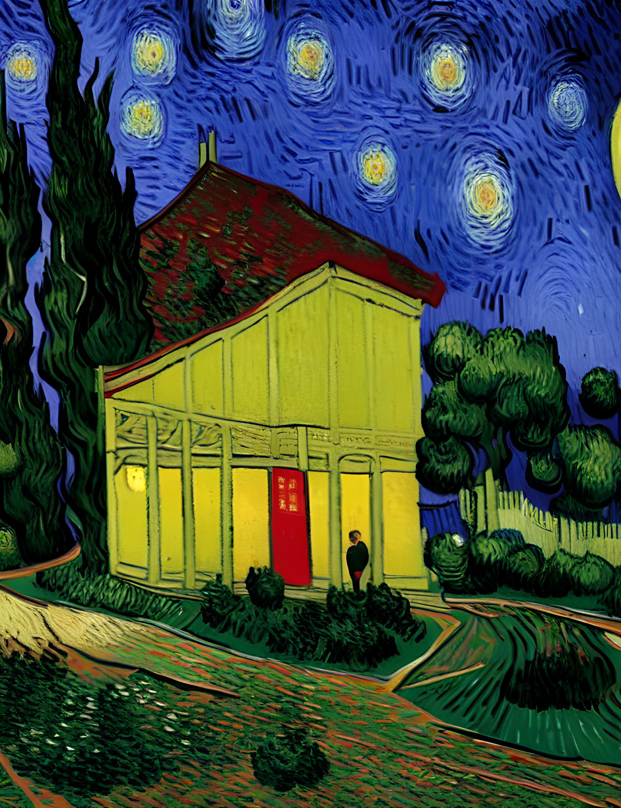 Stylized painting of yellow house under starry sky with cypress tree & figure