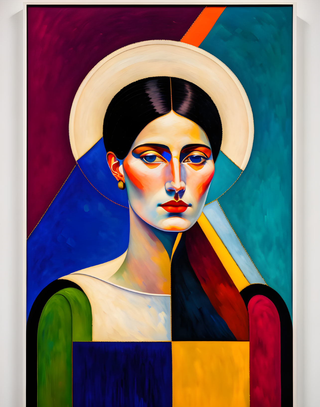 Colorful geometric portrait of a woman with bold shapes and halo accessory