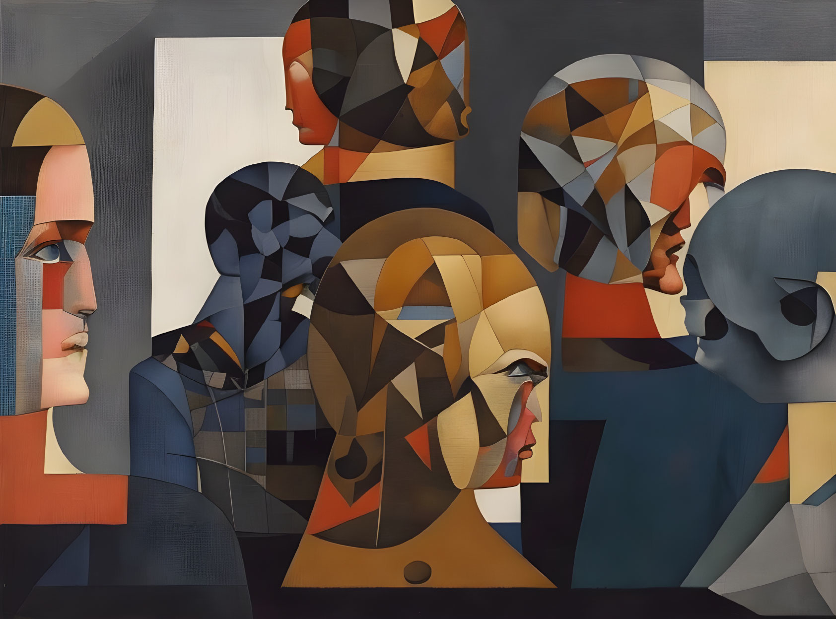 Abstract Cubist Painting with Overlapping Faces & Geometric Shapes