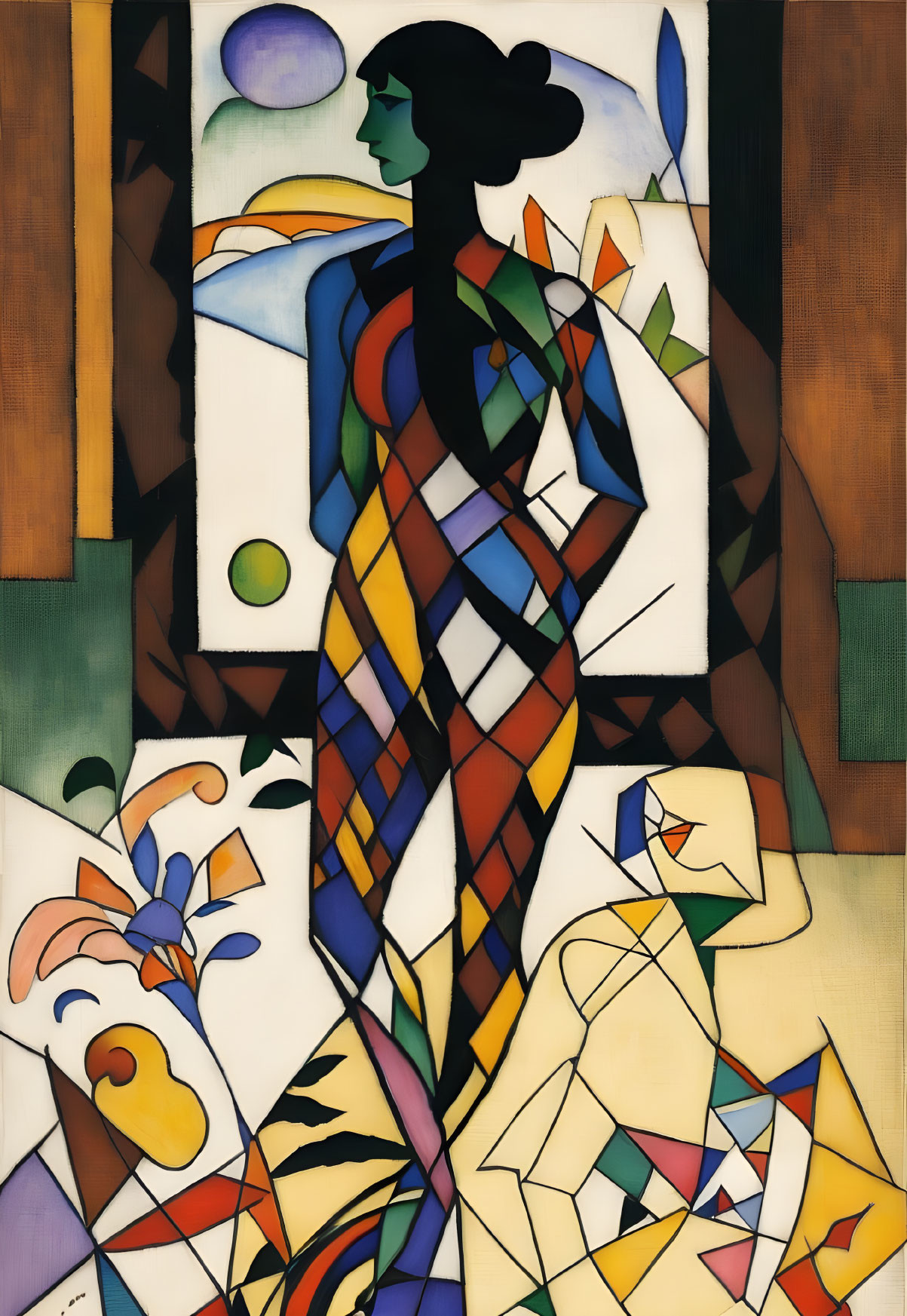 Vibrant Cubist artwork featuring woman and nature motifs