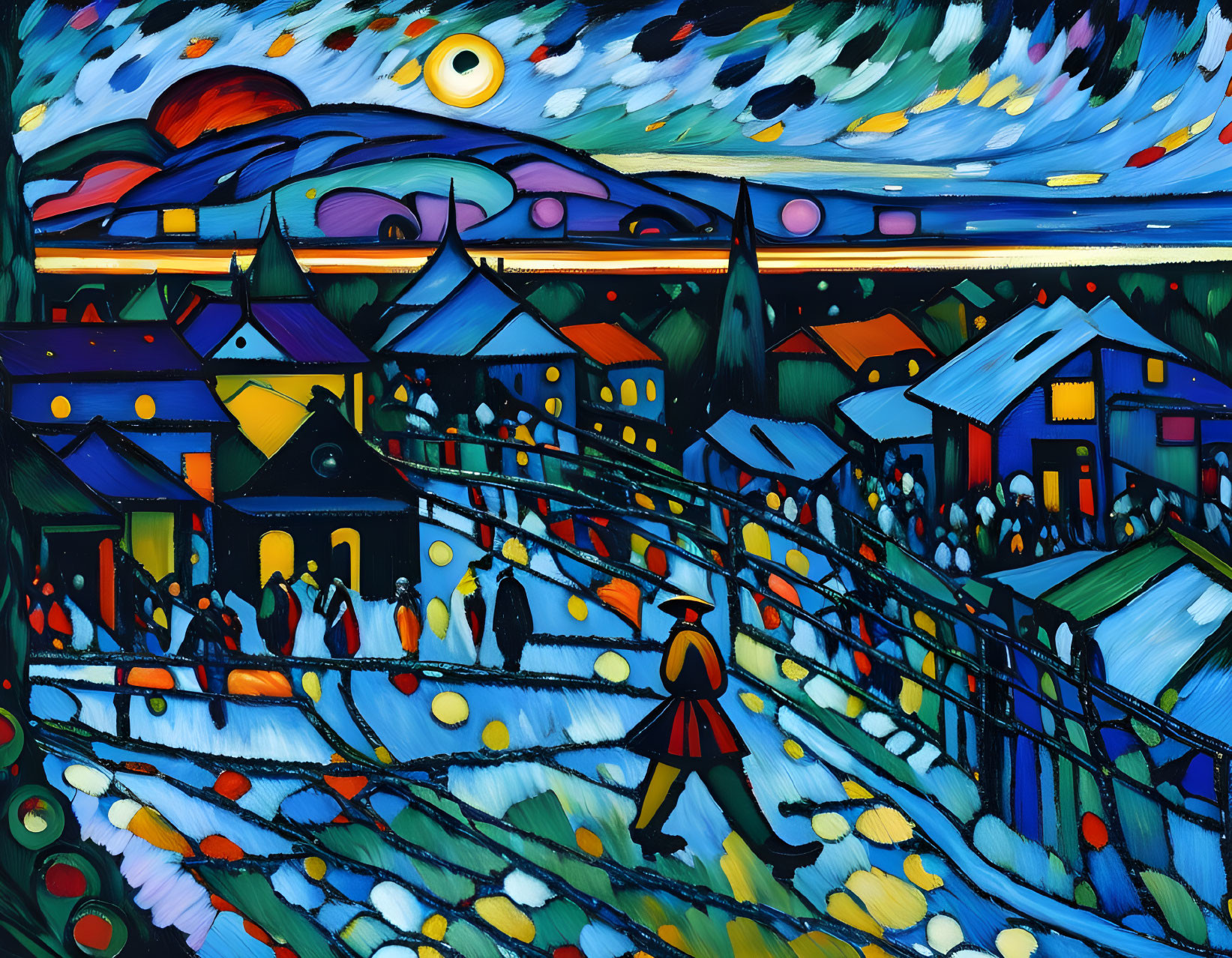 Colorful painting of bustling village at night with swirling skies and crescent moon