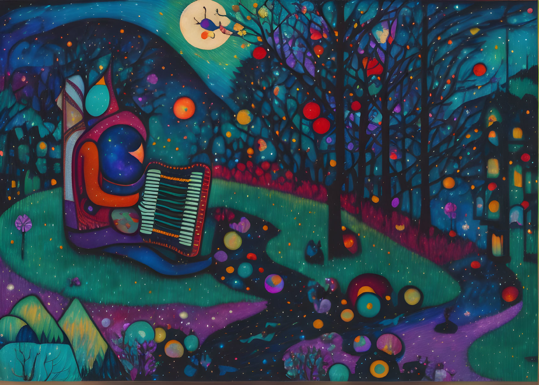 Colorful Starry Night Painting with Oversized Snail Playing Accordion