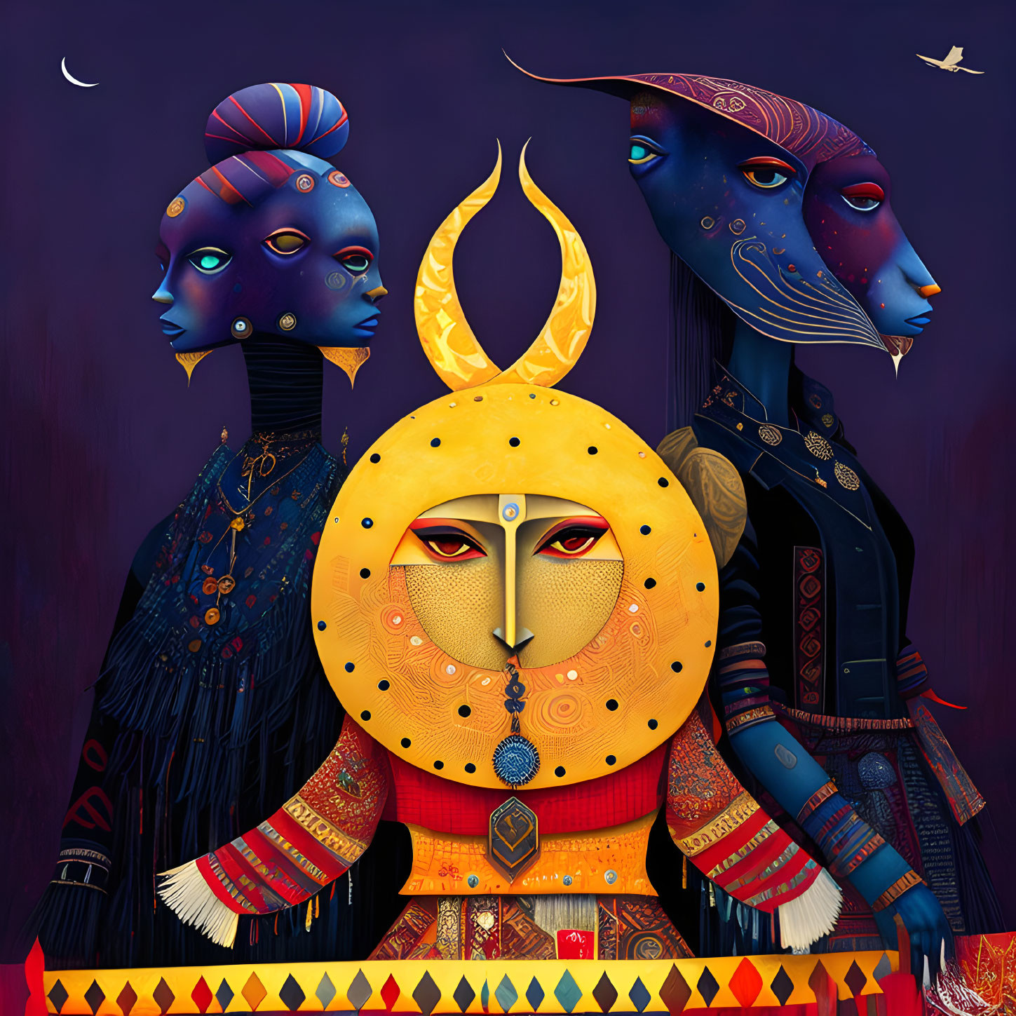 Stylized bejeweled figures on dark background with celestial features.