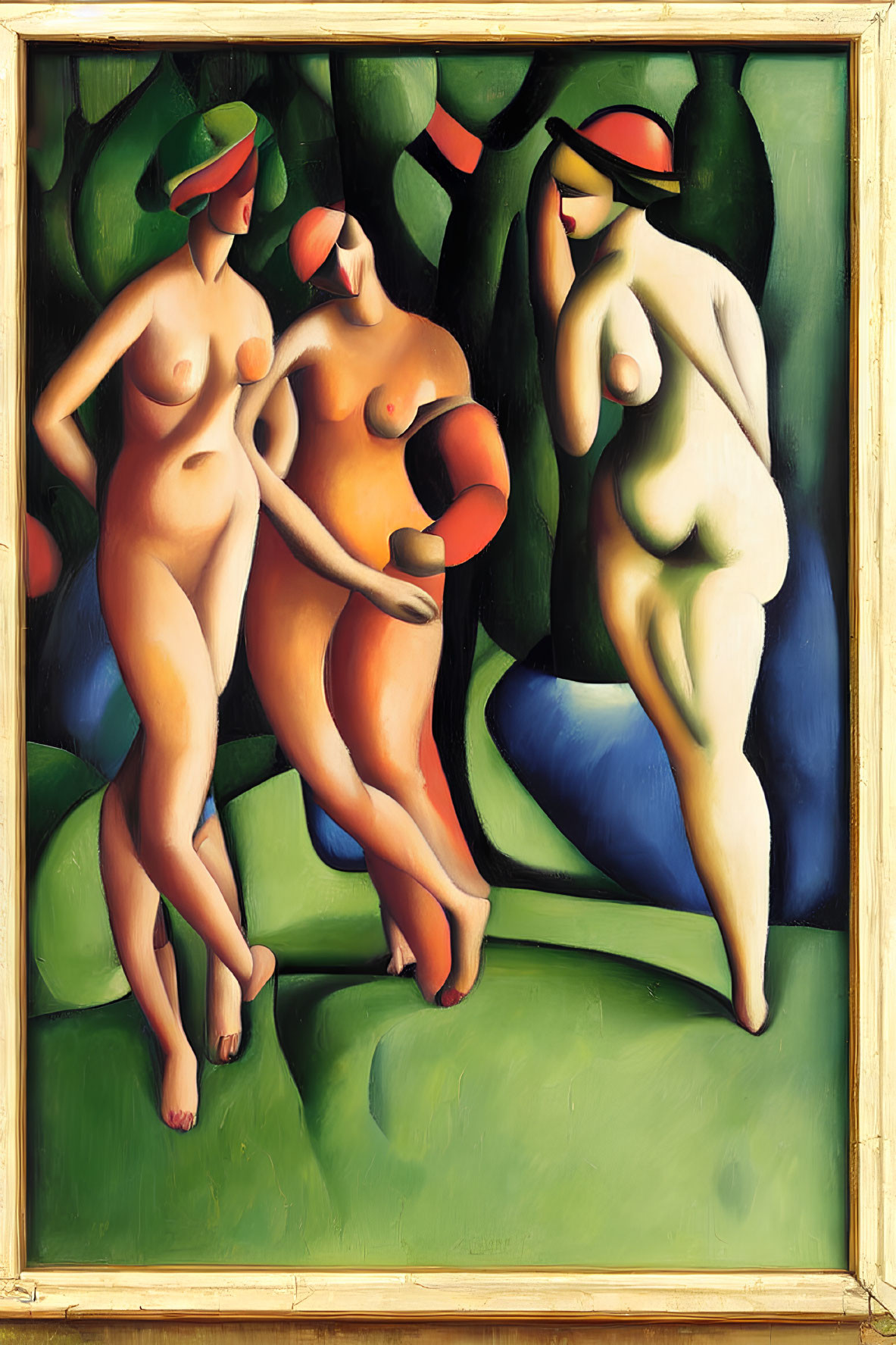 Abstract painting of three nude figures with orange disks on green background