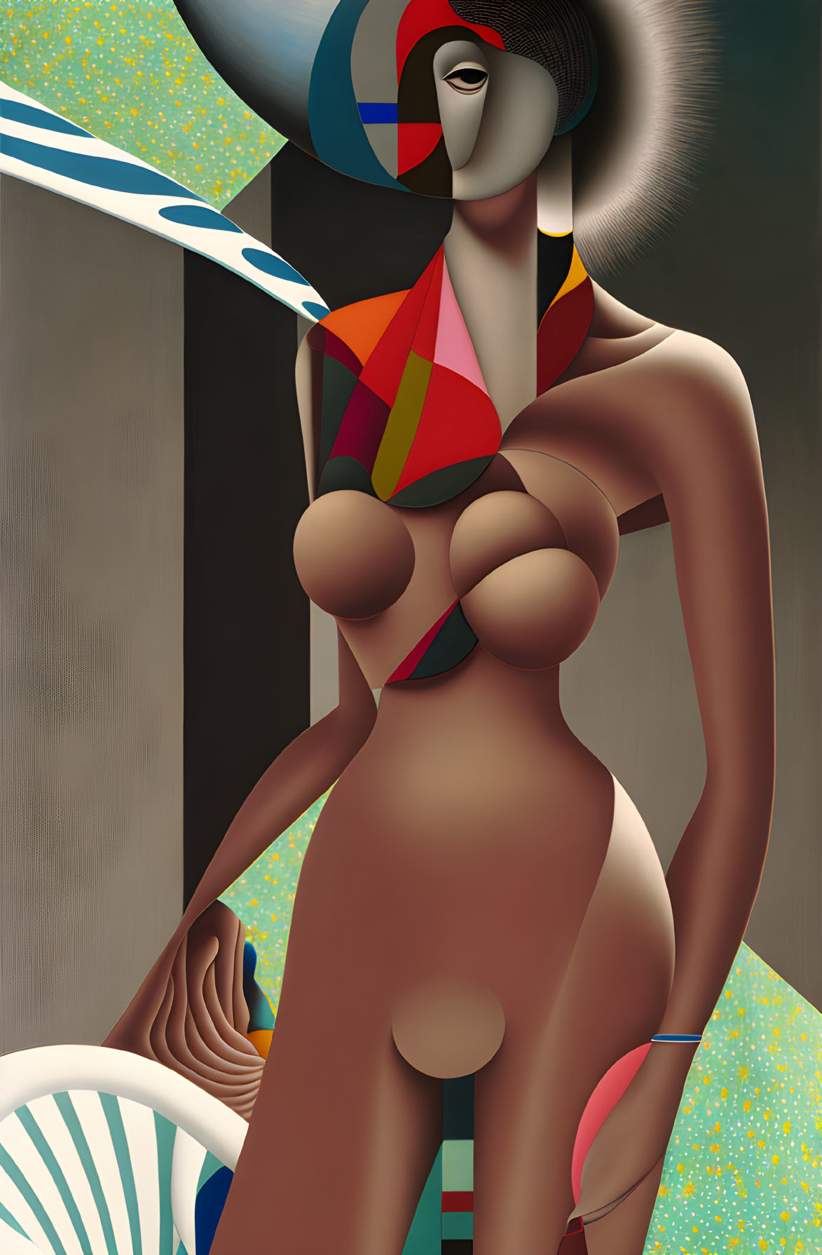 Geometric patterned female figure in abstract painting