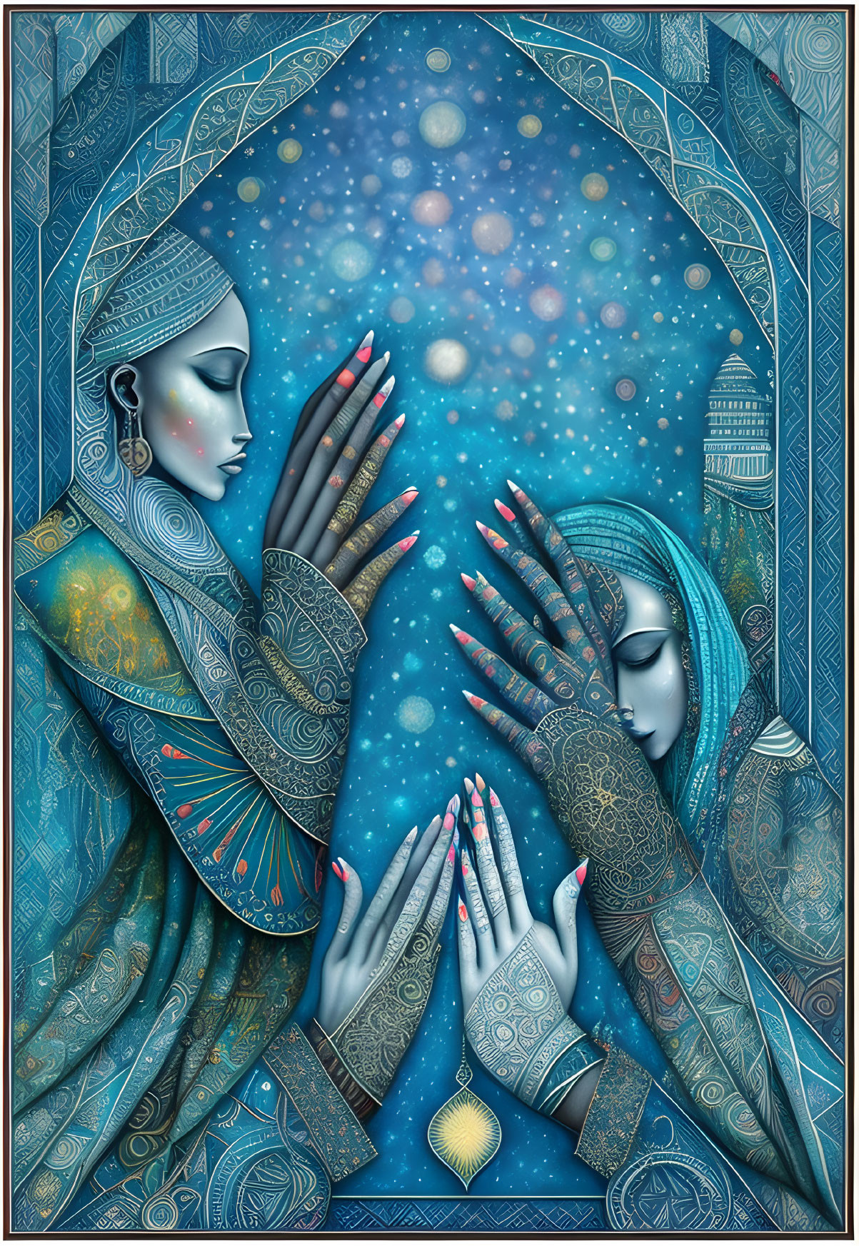 Intricate blue attire figures in mirrored pose on cosmic background