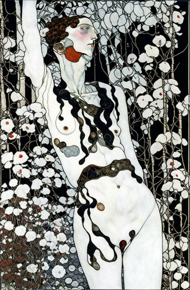 Art Nouveau Style Illustration of Slender Woman with Dark Hair and White Flowers