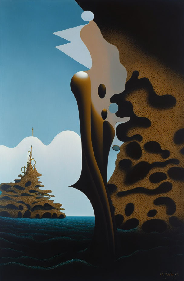 Abstract surreal painting: smooth brown figure, abstract shapes, blue sky, cloud-like forms, intricate details