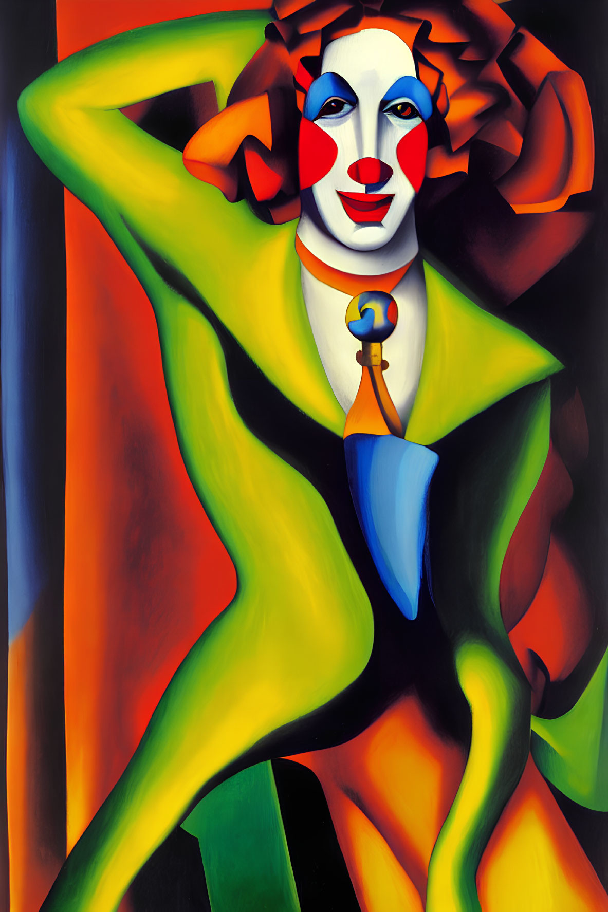 Vibrant abstract painting of a clown figure in colorful attire on blue and orange backdrop