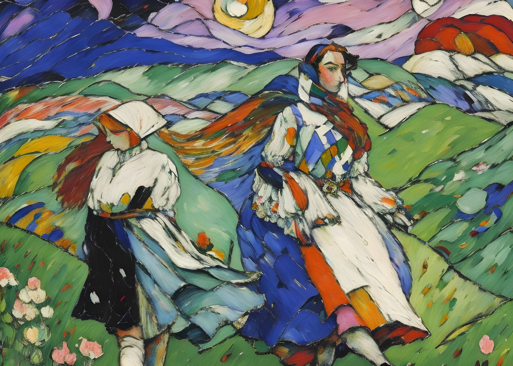 Vibrant painting: Two women in flowing dresses in colorful landscape