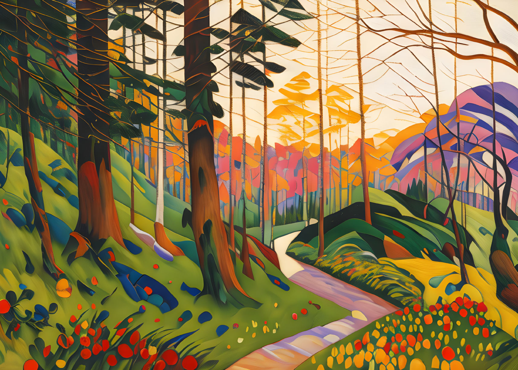 Colorful forest scene with trees, path, hills, and sunset sky