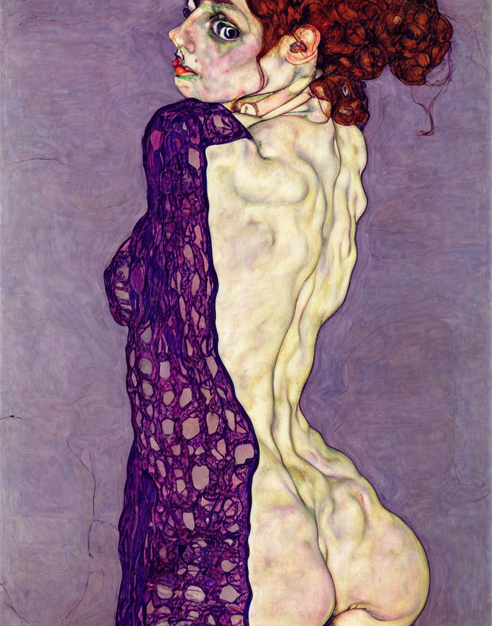 Curly Haired Woman in Purple Lace Dress Glancing Back