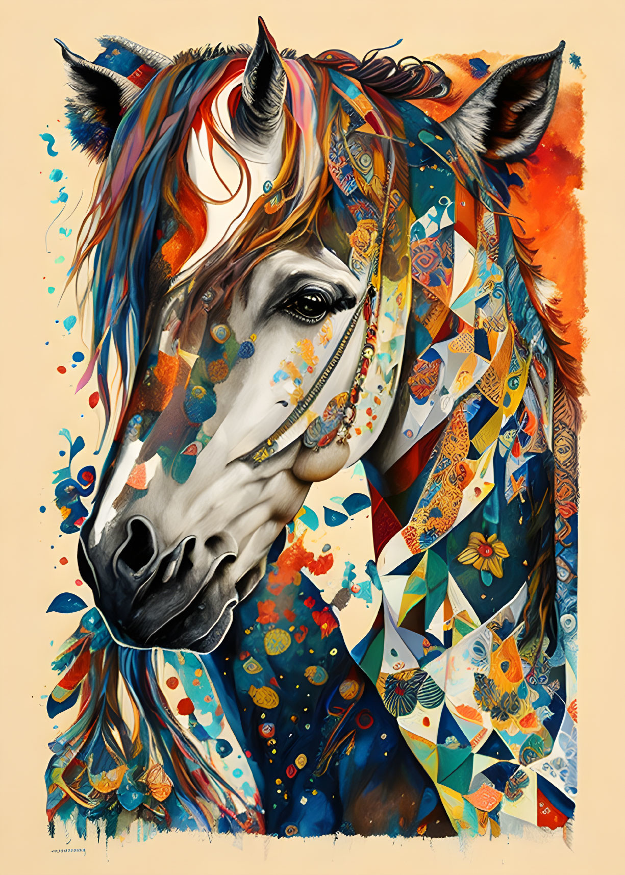 Colorful Horse Head Artwork with Orange and Blue Patterns