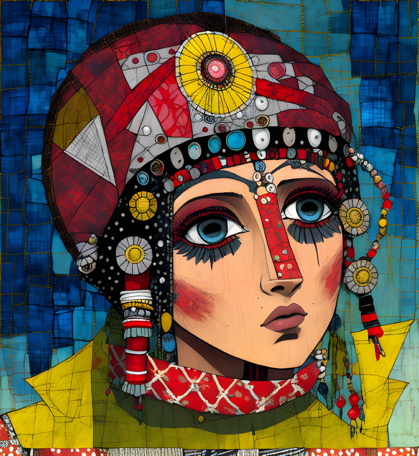 Vibrant portrait with intricate headdress and detailed patterns