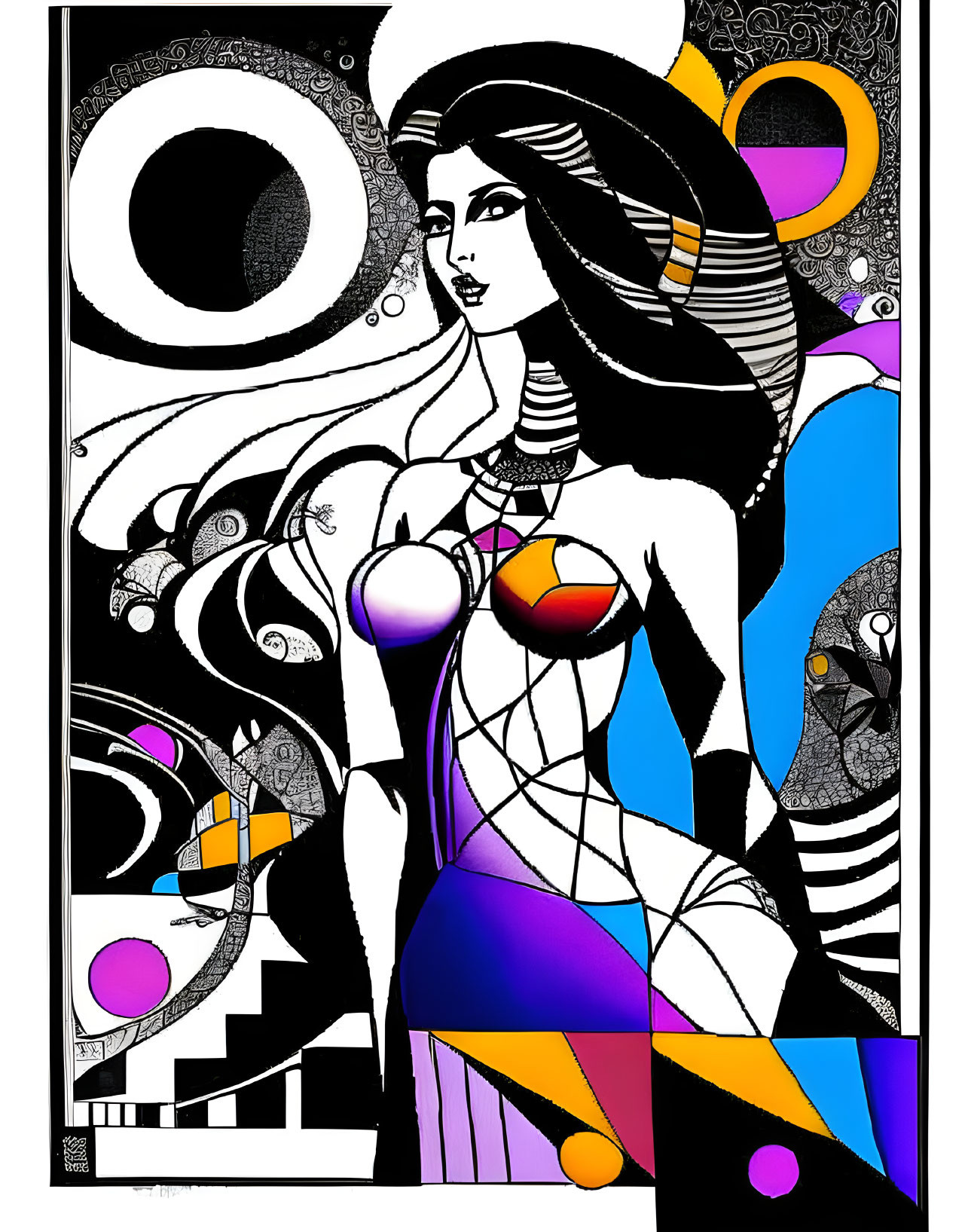 Stylized female figure in abstract art with geometric and curvilinear designs