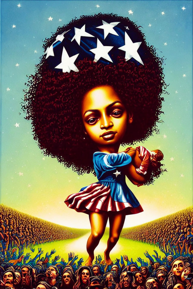 Illustration of girl with starry afro holding doll in American flag dress