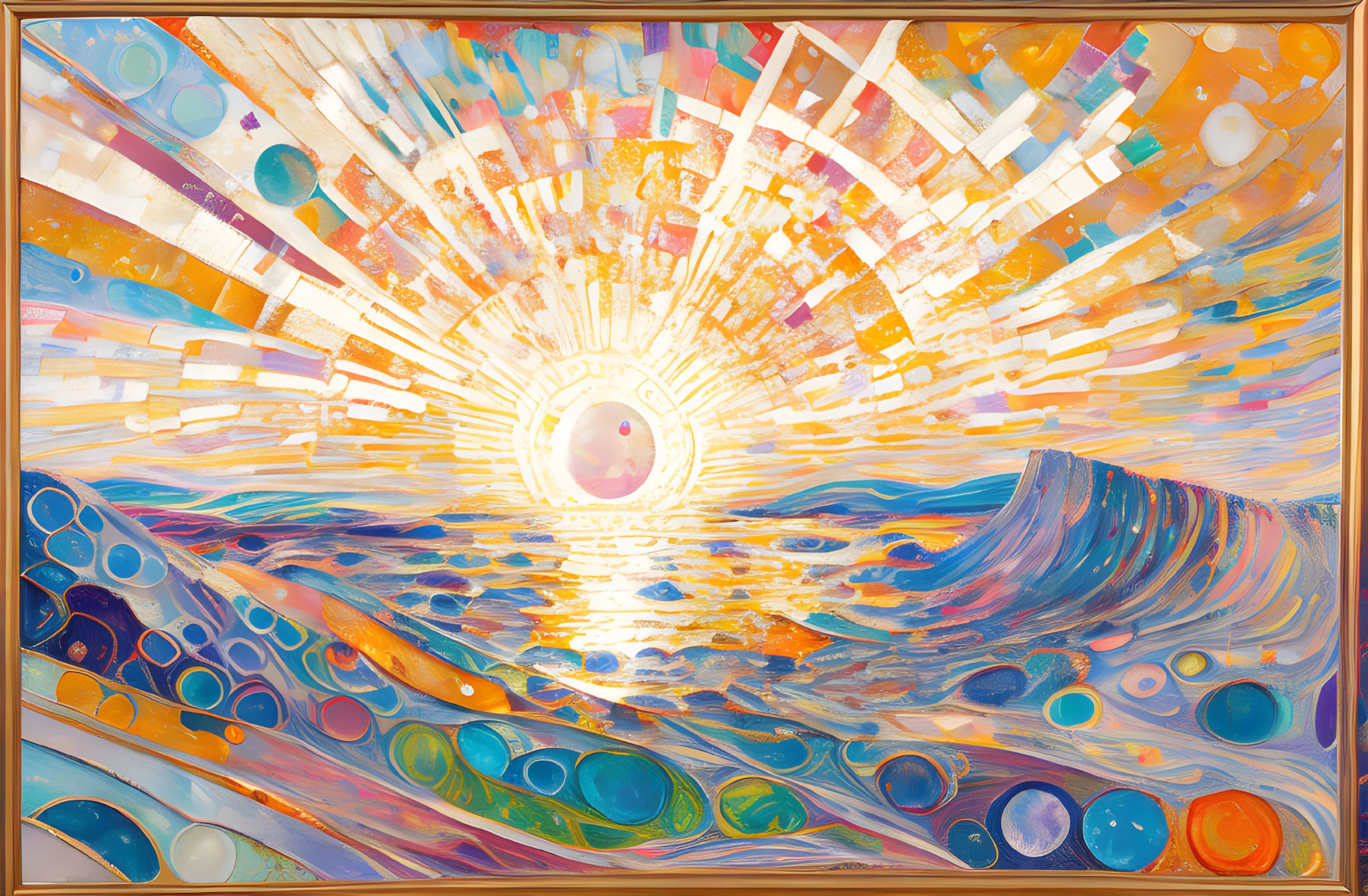 Colorful Abstract Painting with Sunburst, Waves, Orbs, and Textures