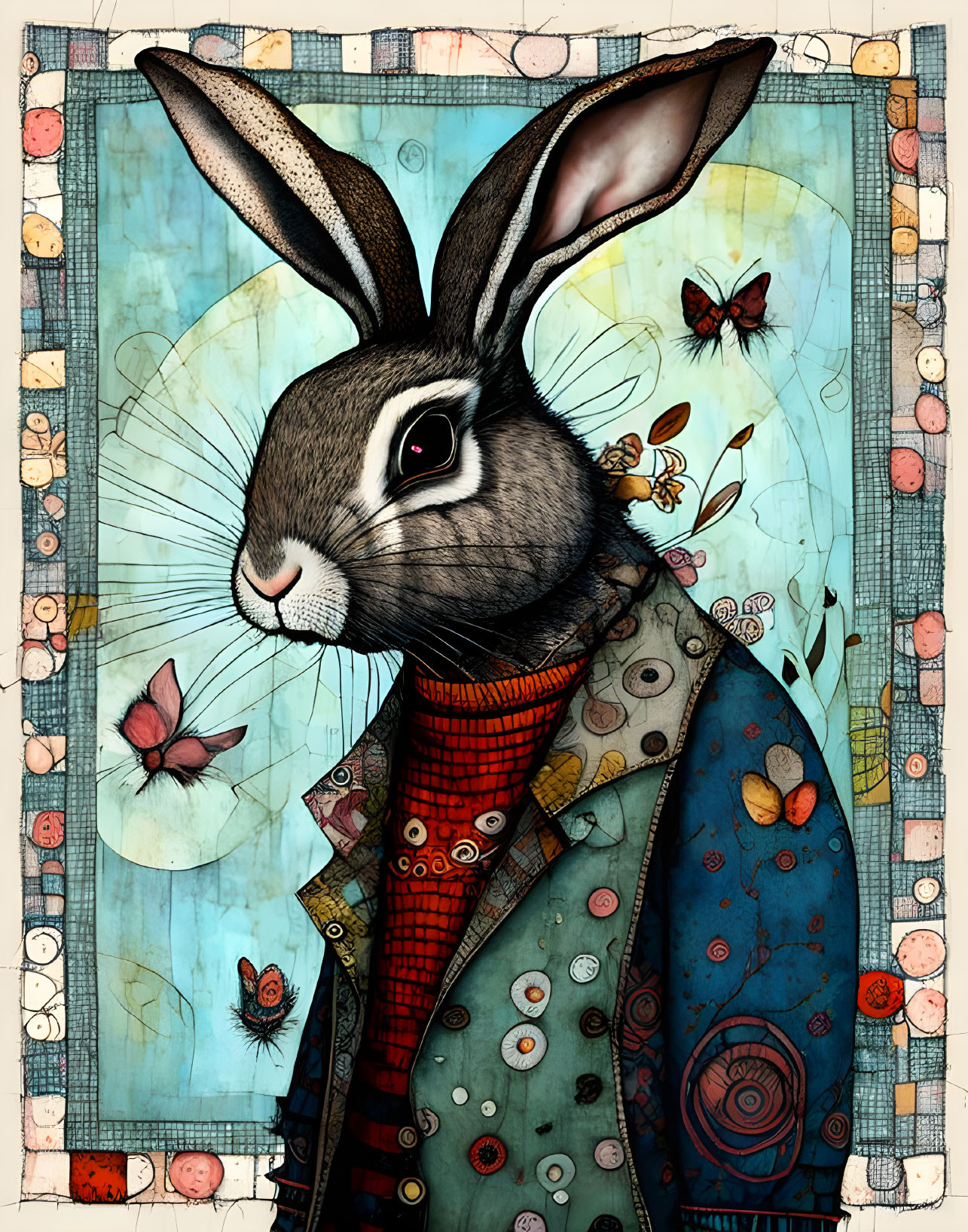 Elegant anthropomorphic rabbit in coat with patterns and butterflies against whimsical backdrop