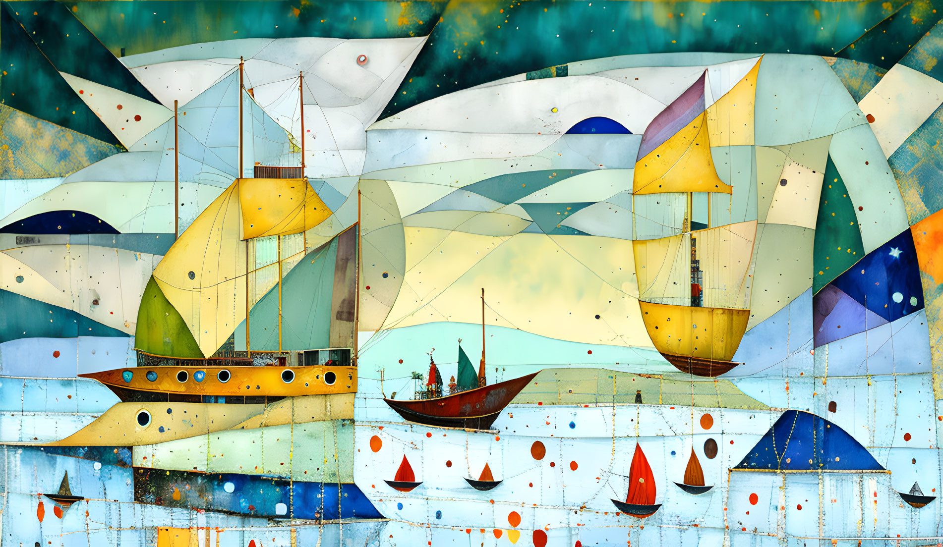 Colorful painting of sailing ships on sea with abstract patterns & celestial elements