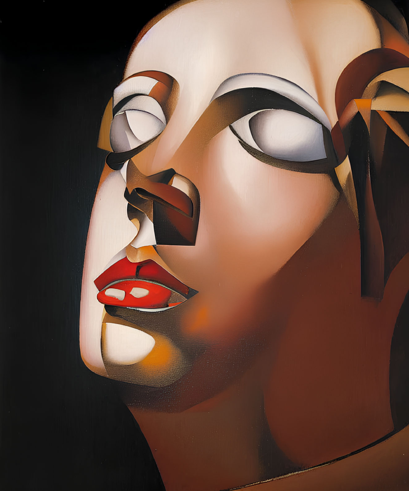 Cubist-style painting of fragmented woman's face with red lips