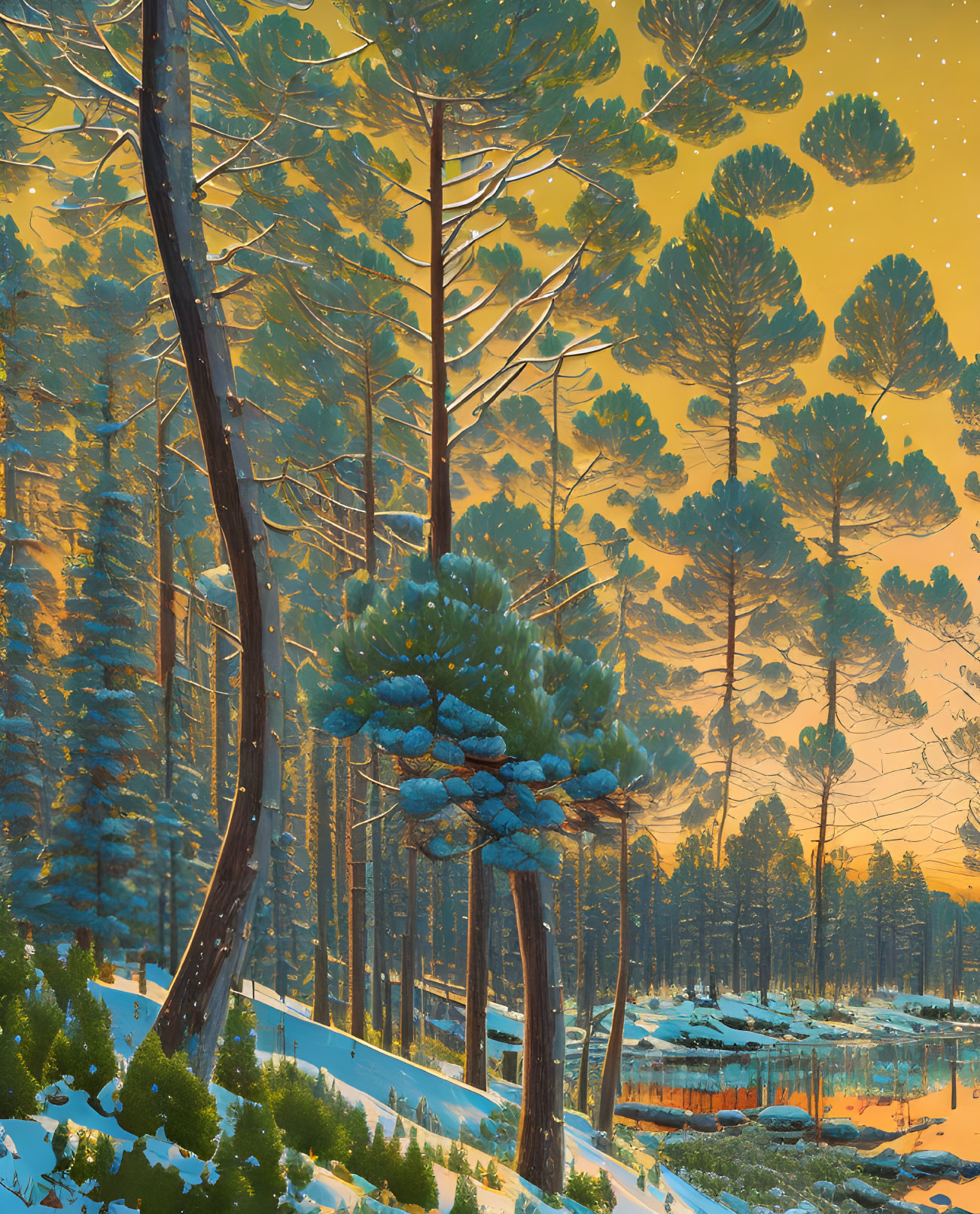 Winter Pine Trees Landscape with Snow and Golden Sky