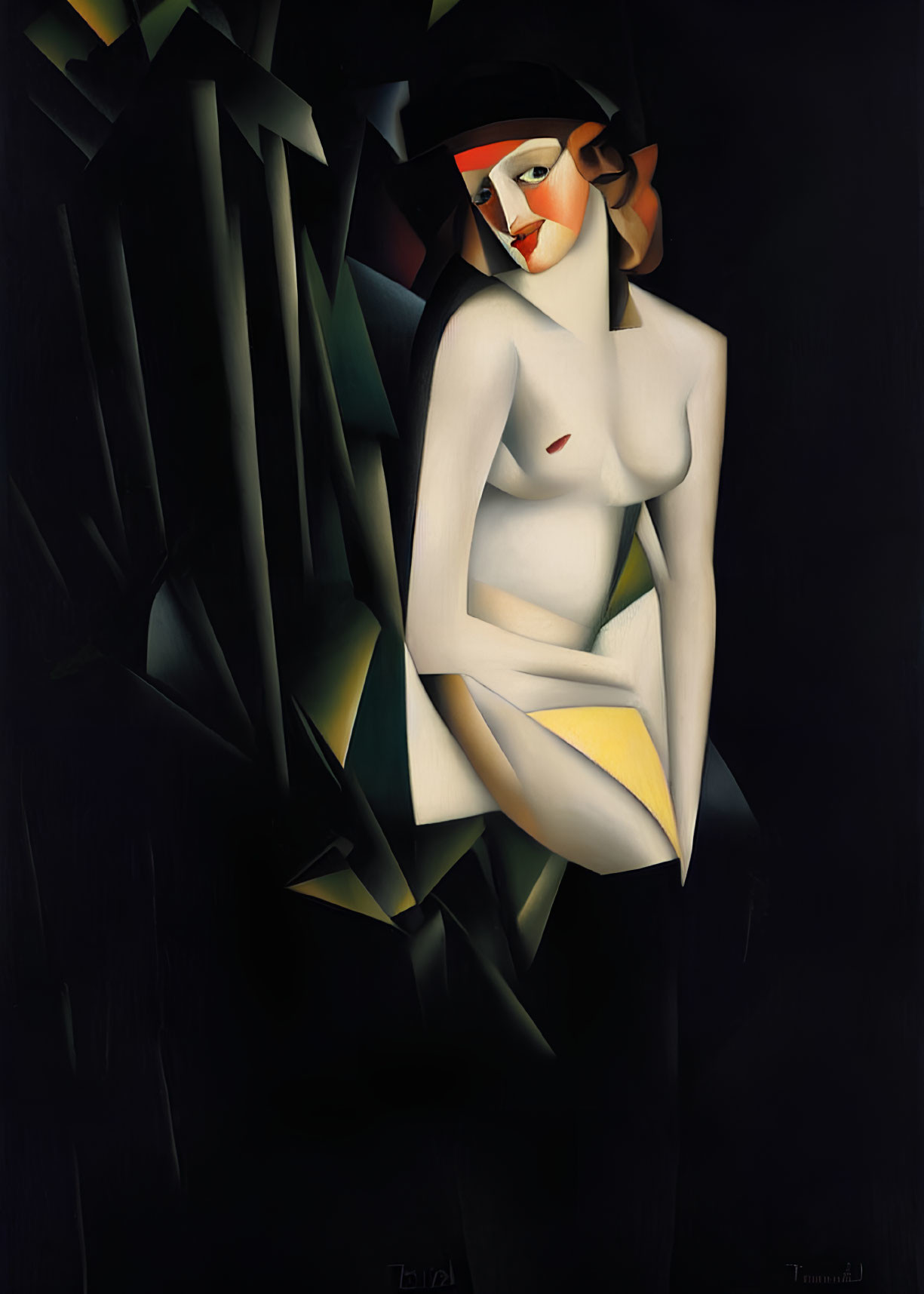 Abstract painting of female figure with exaggerated features and geometric shapes