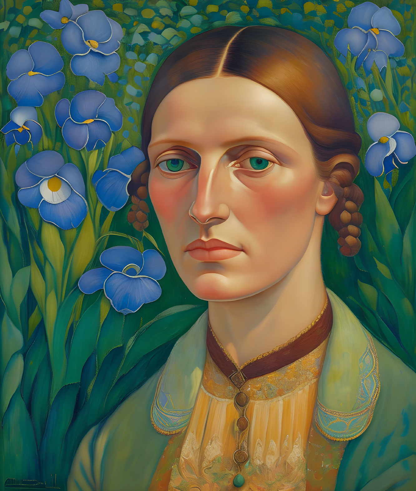 Victorian woman portrait with blue flowers and green foliage