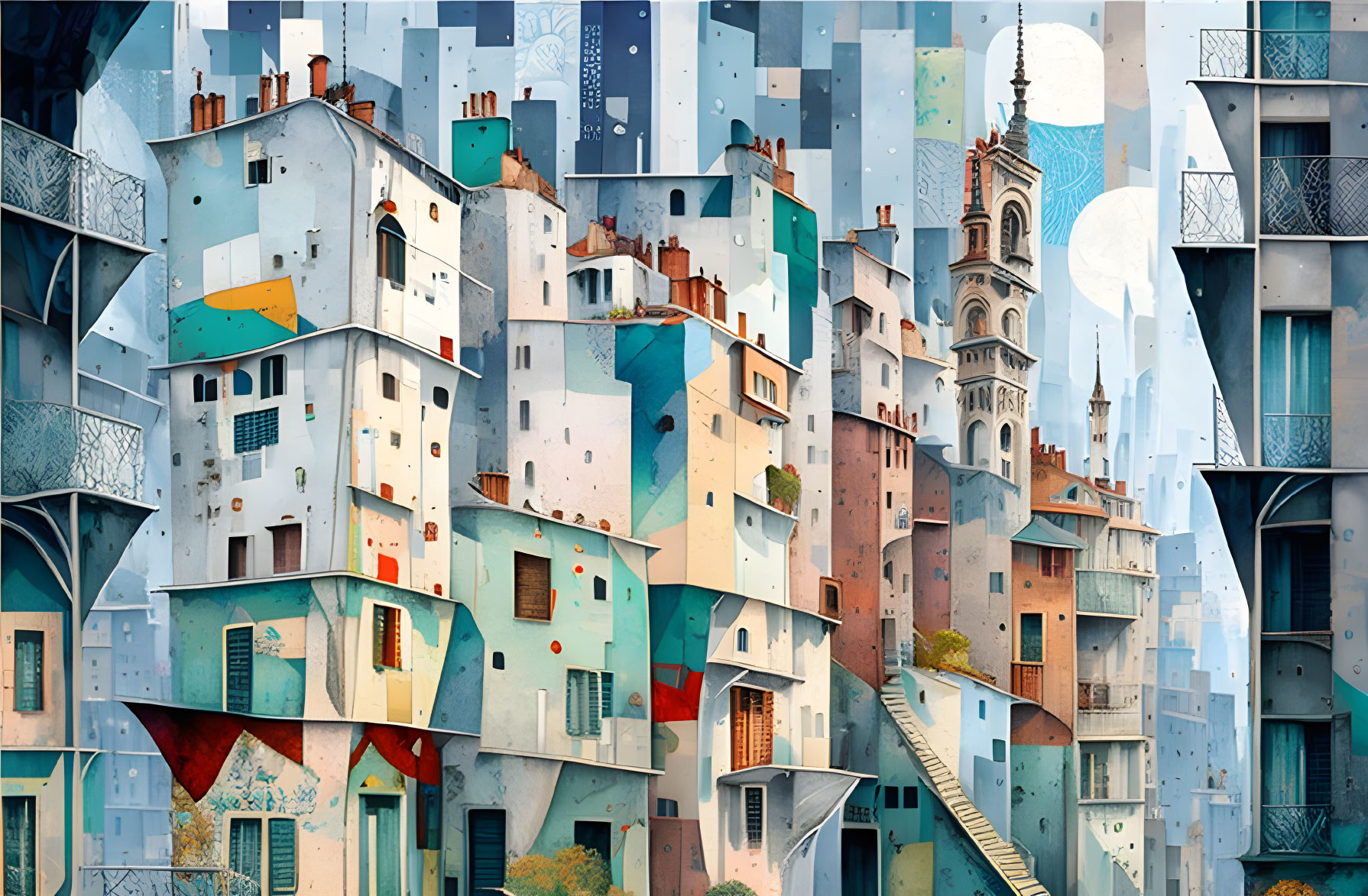 Colorful Cityscape Artwork with Eclectic Buildings and Towering Spire