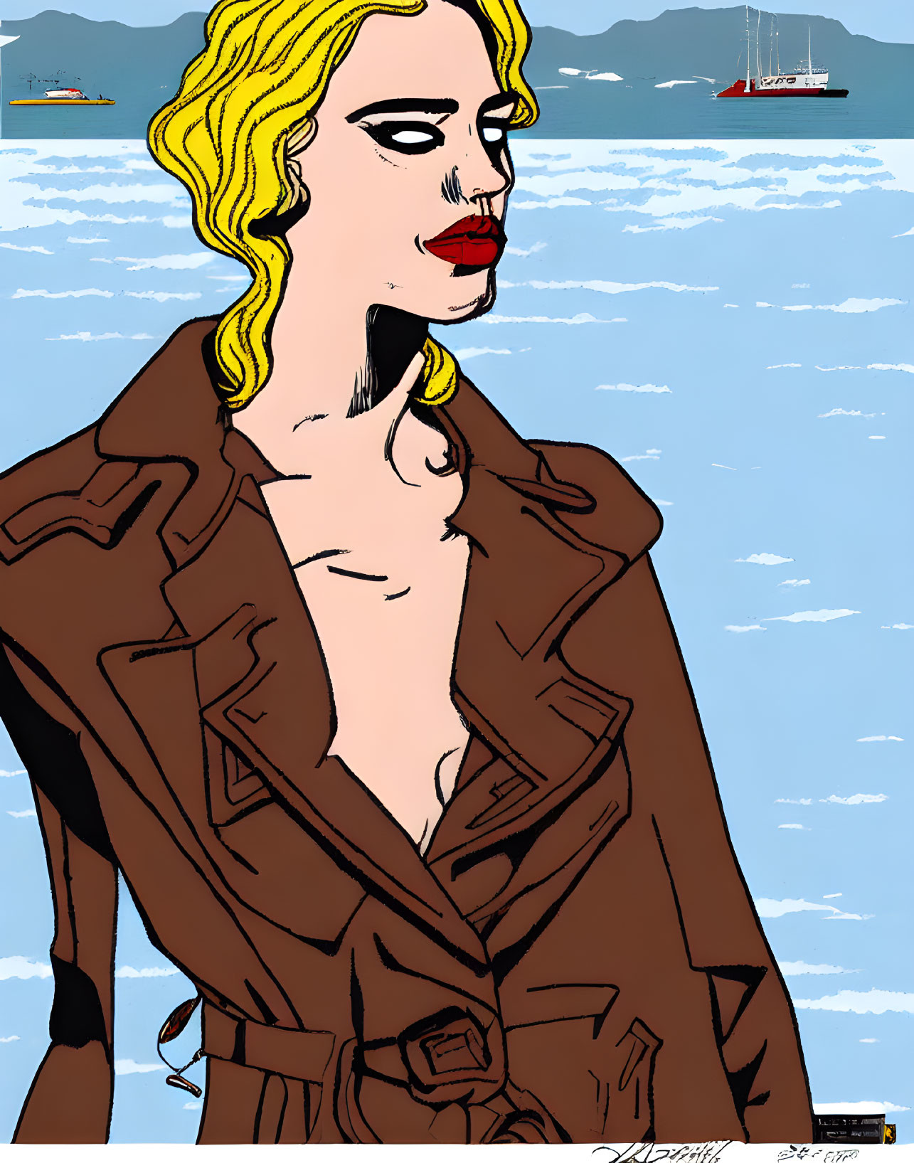 Stylized blonde person with red lipstick in open trench coat illustration