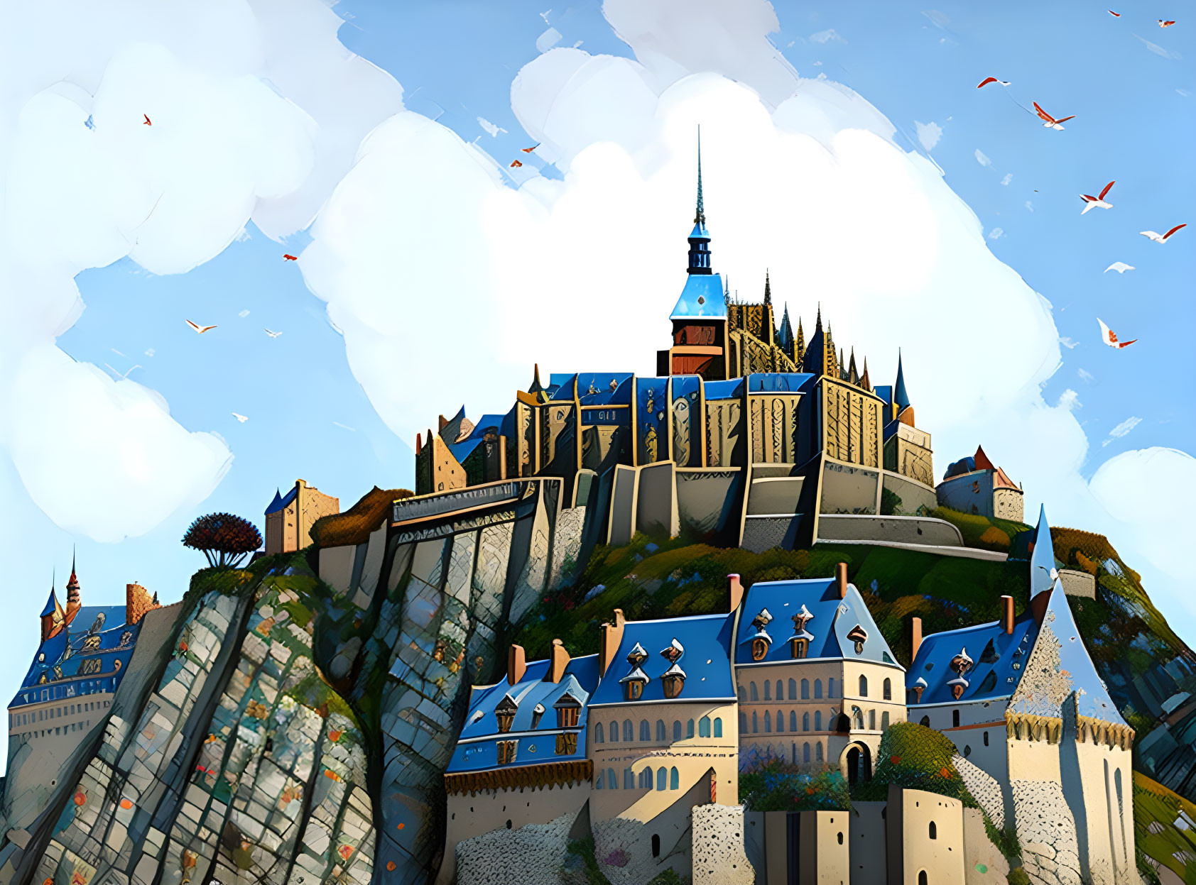 Medieval castle with blue roofs on steep hill under blue sky