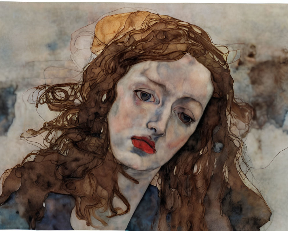 Melancholic woman with flowing curly hair in watercolor painting