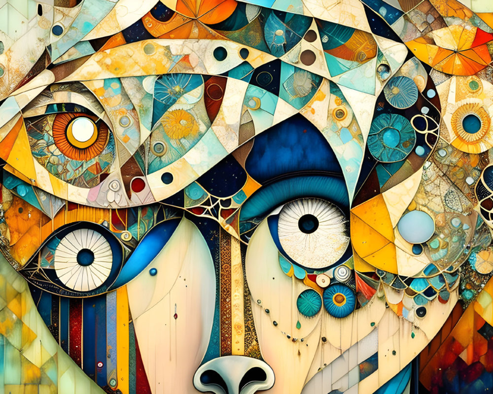 Colorful Abstract Mosaic Artwork with Stylized Face and Multiple Eyes