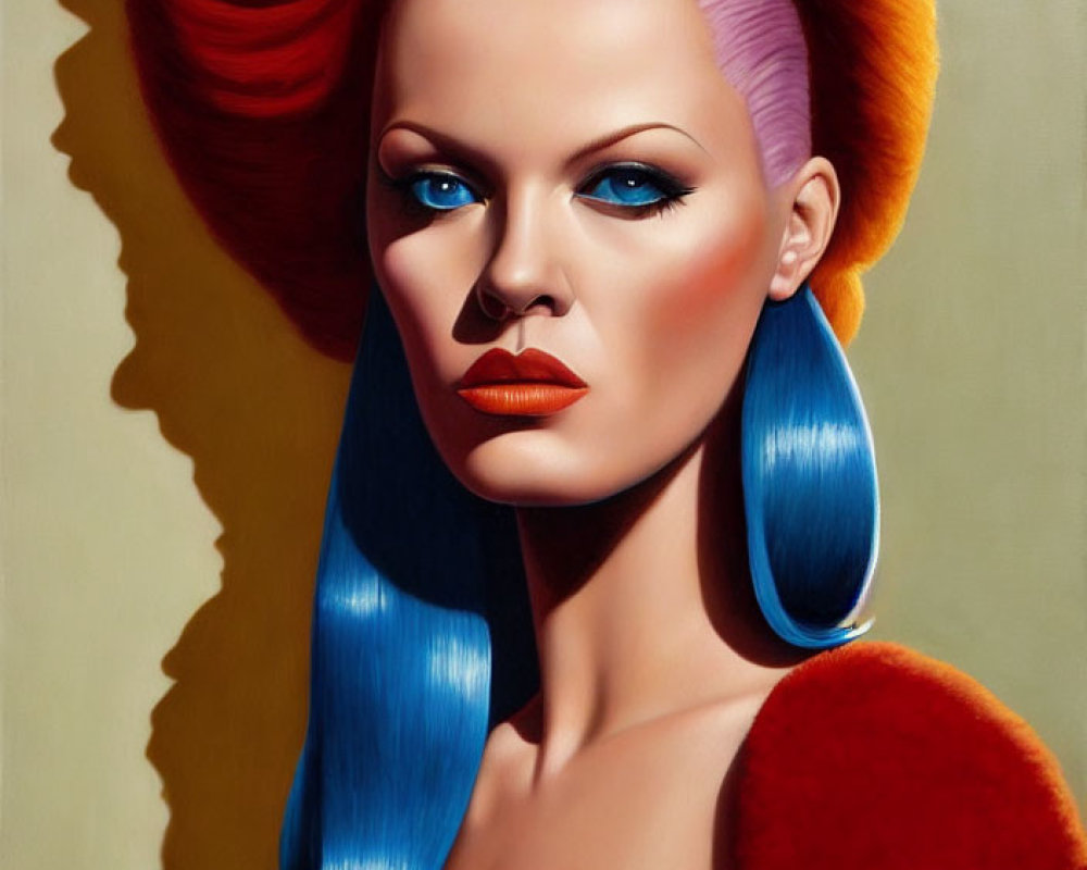 Portrait of Woman with Red-Orange and Blue Hair, Hoop Earrings, and Bold Makeup