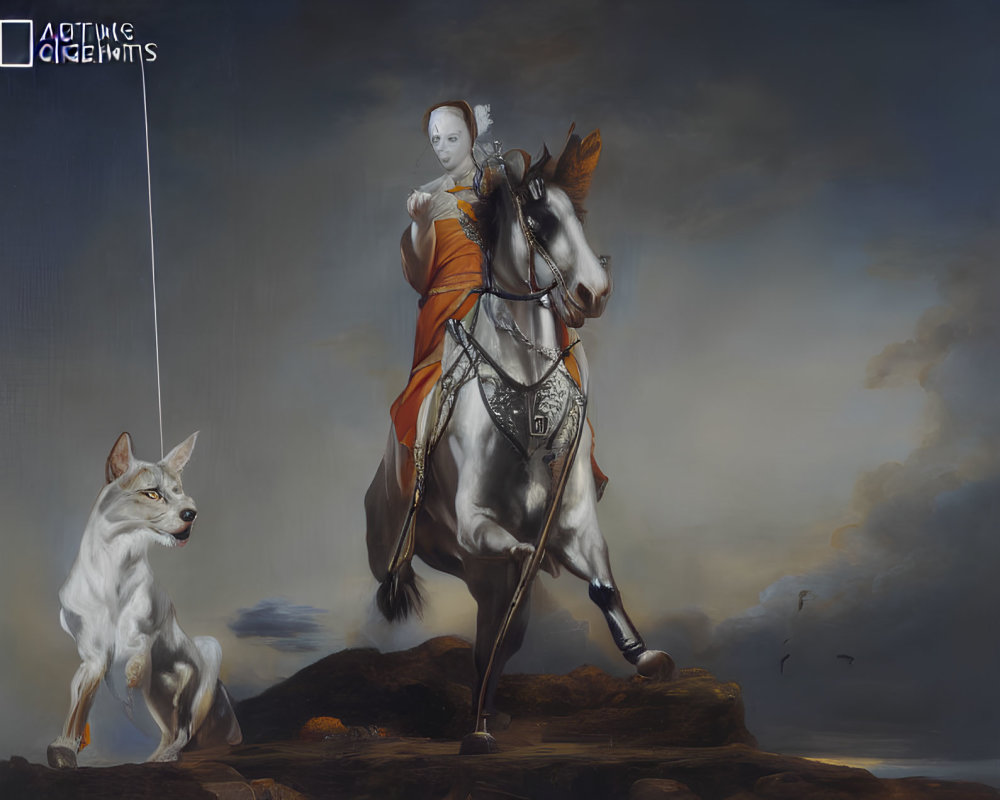 Surreal armored equestrian with sword and white wolf in dramatic sky