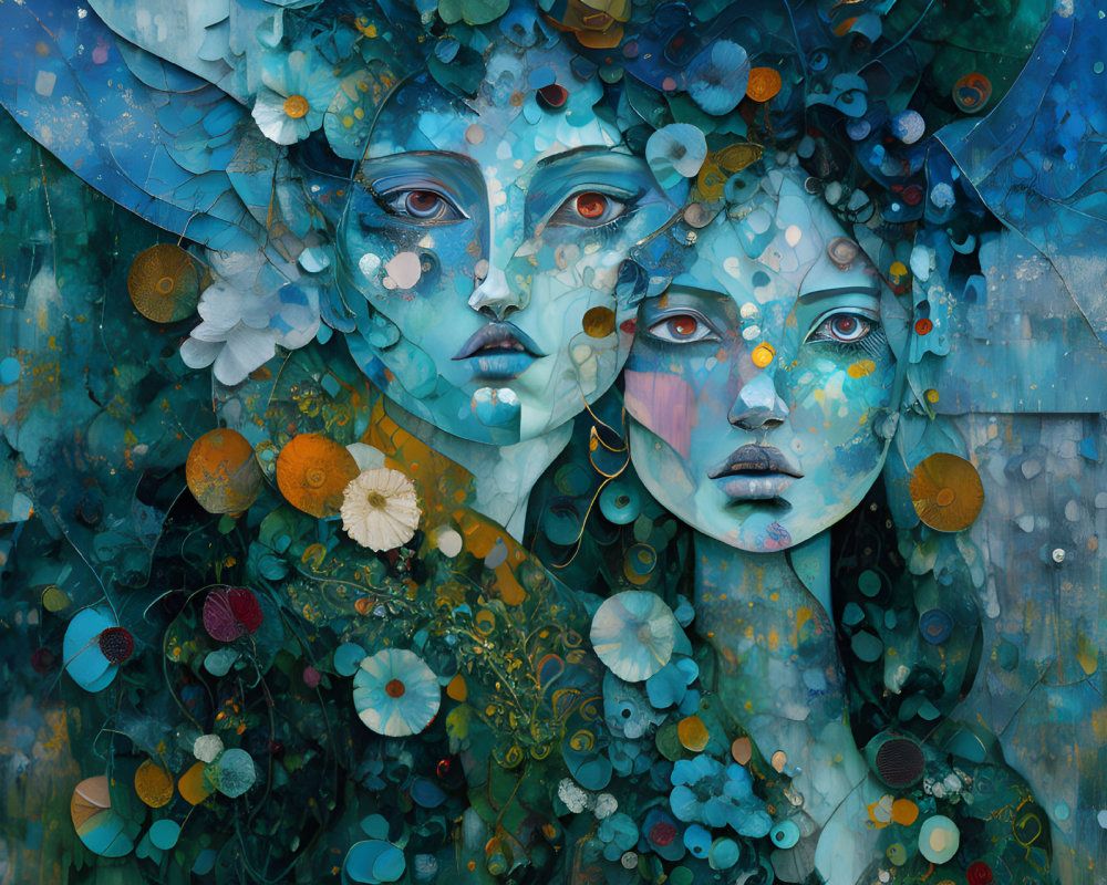 Surreal digital artwork of two female faces in vibrant blue hues