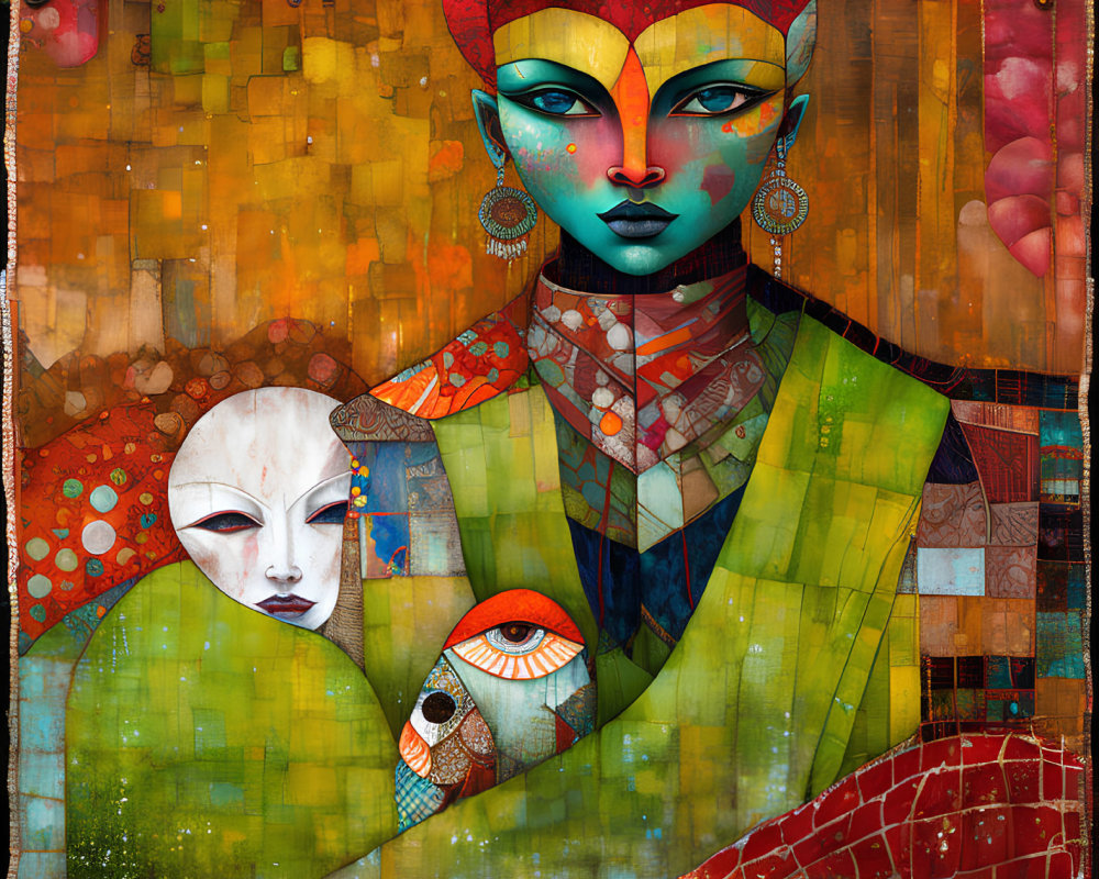 Colorful Artwork: Stylized Woman in Green Robes with Blue Skin and Masks